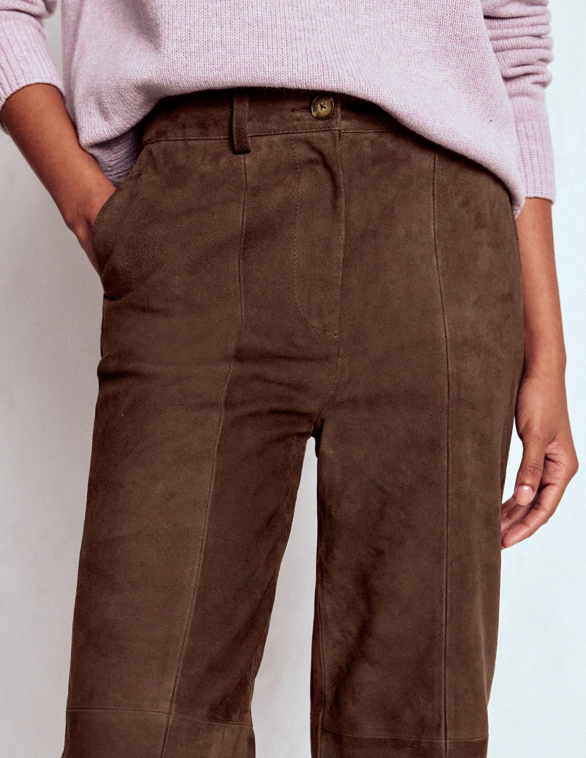 Work Essential Durable Hem Suede Straight Leg Trousers-Dark Chocolate