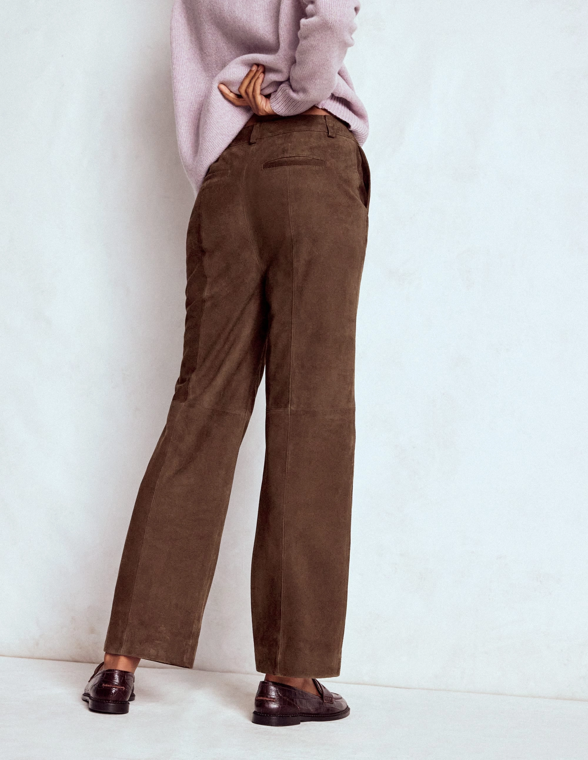 Cozy Fit Suede Straight Leg Trousers-Dark Chocolate