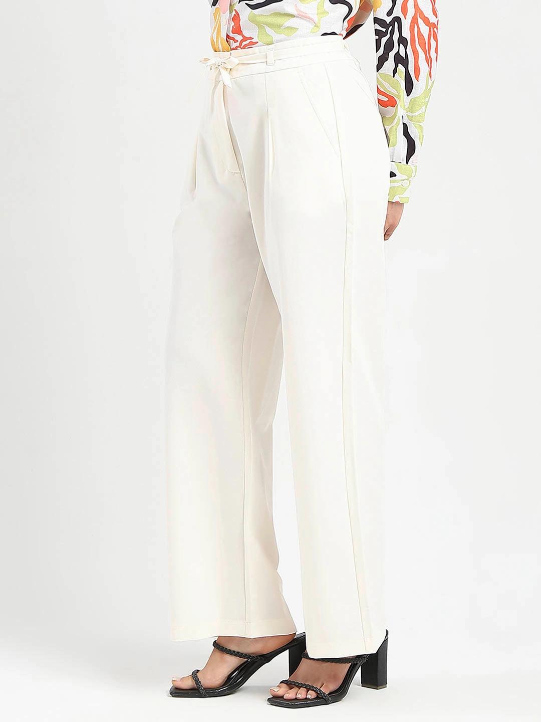Madame Drawstring Waist Straight Fit Ivory Trousers Breathable Layer Fit Lightweight Weave