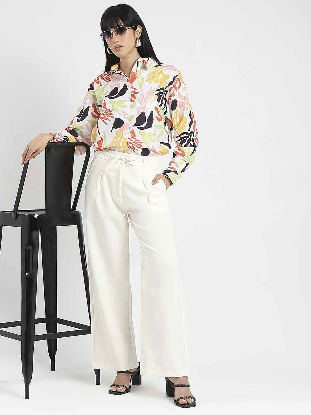 Madame Drawstring Waist Straight Fit Ivory Trousers Casual Comfort Layers