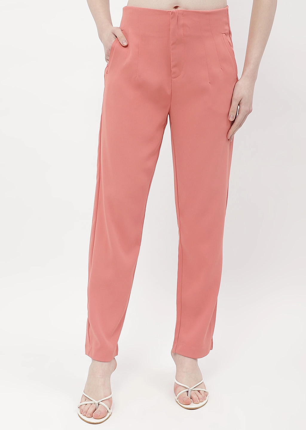 Madame Front Pleated Blush Orange Tapered Trousers Quick drying material High Waist Stretch