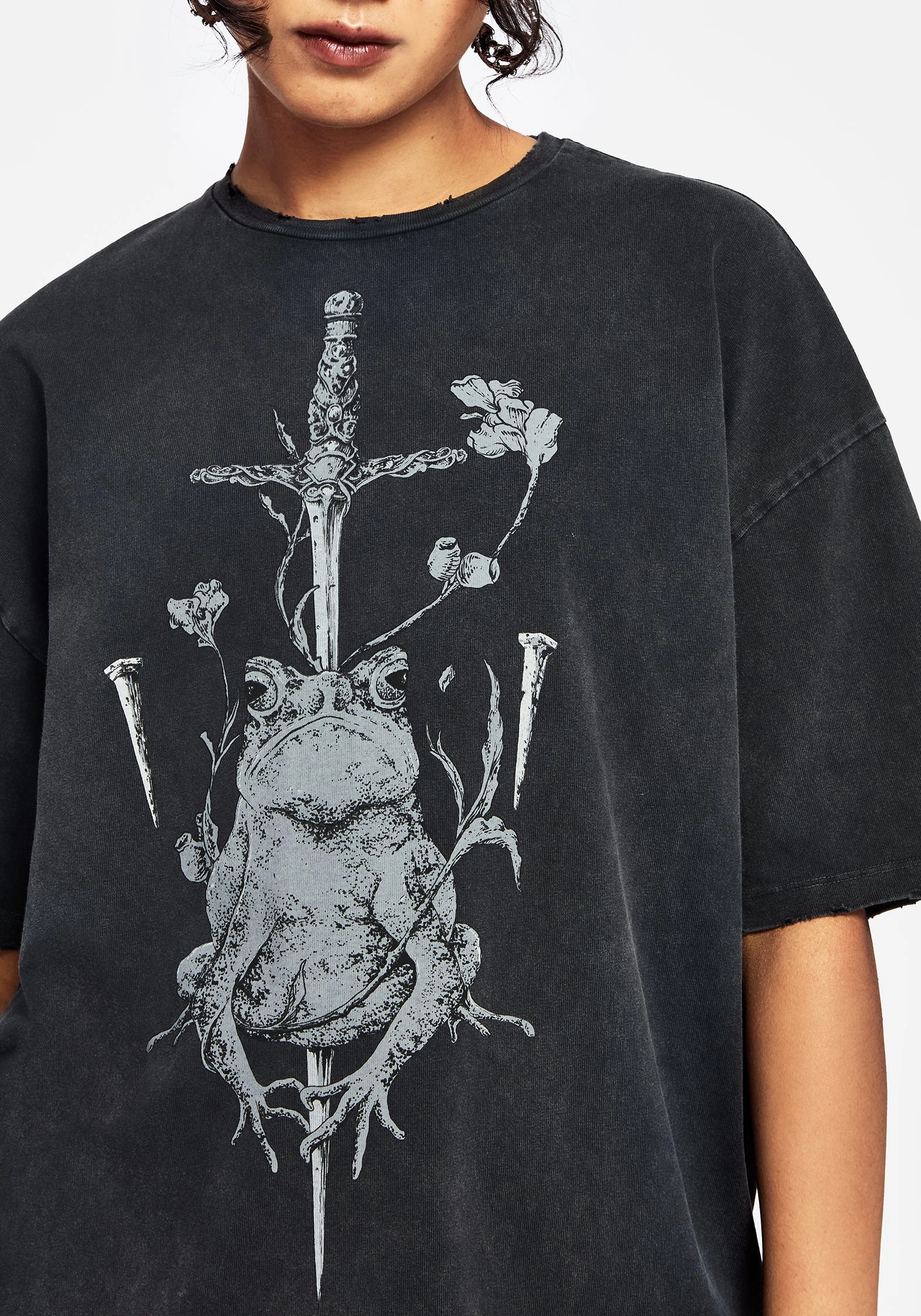 Anura Oversized Acid Wash Frog Graphic Print T-shirt Anti Bacterial Treatment