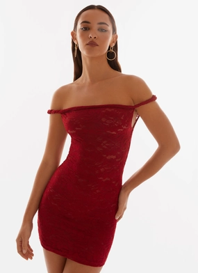 Soft Fit Wear Arabella Lace Twist Shoulder Mini Dress - Red