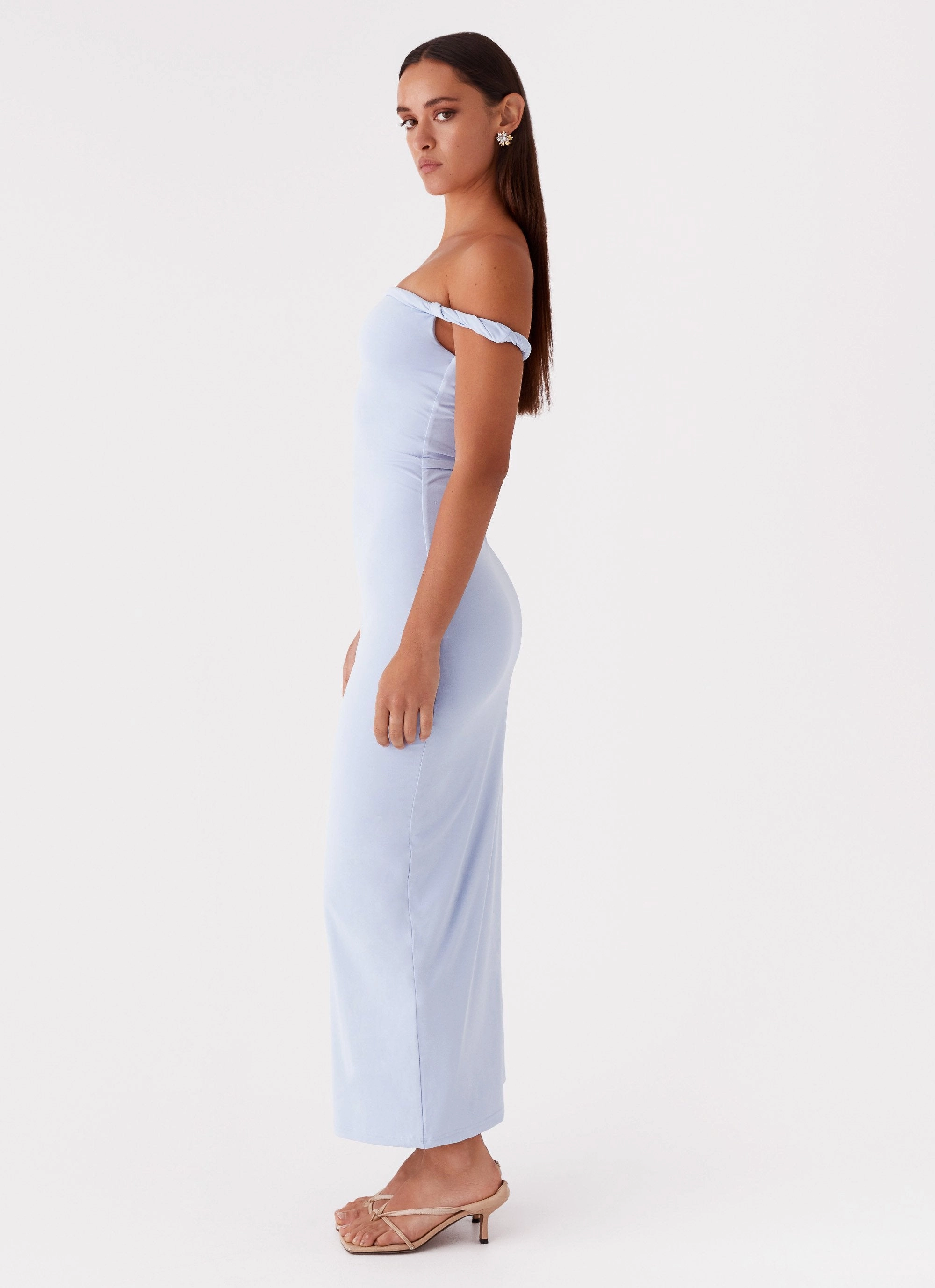 Arabella Twist Shoulder Maxi Dress - Blue Silky Finish Modern Silhouette