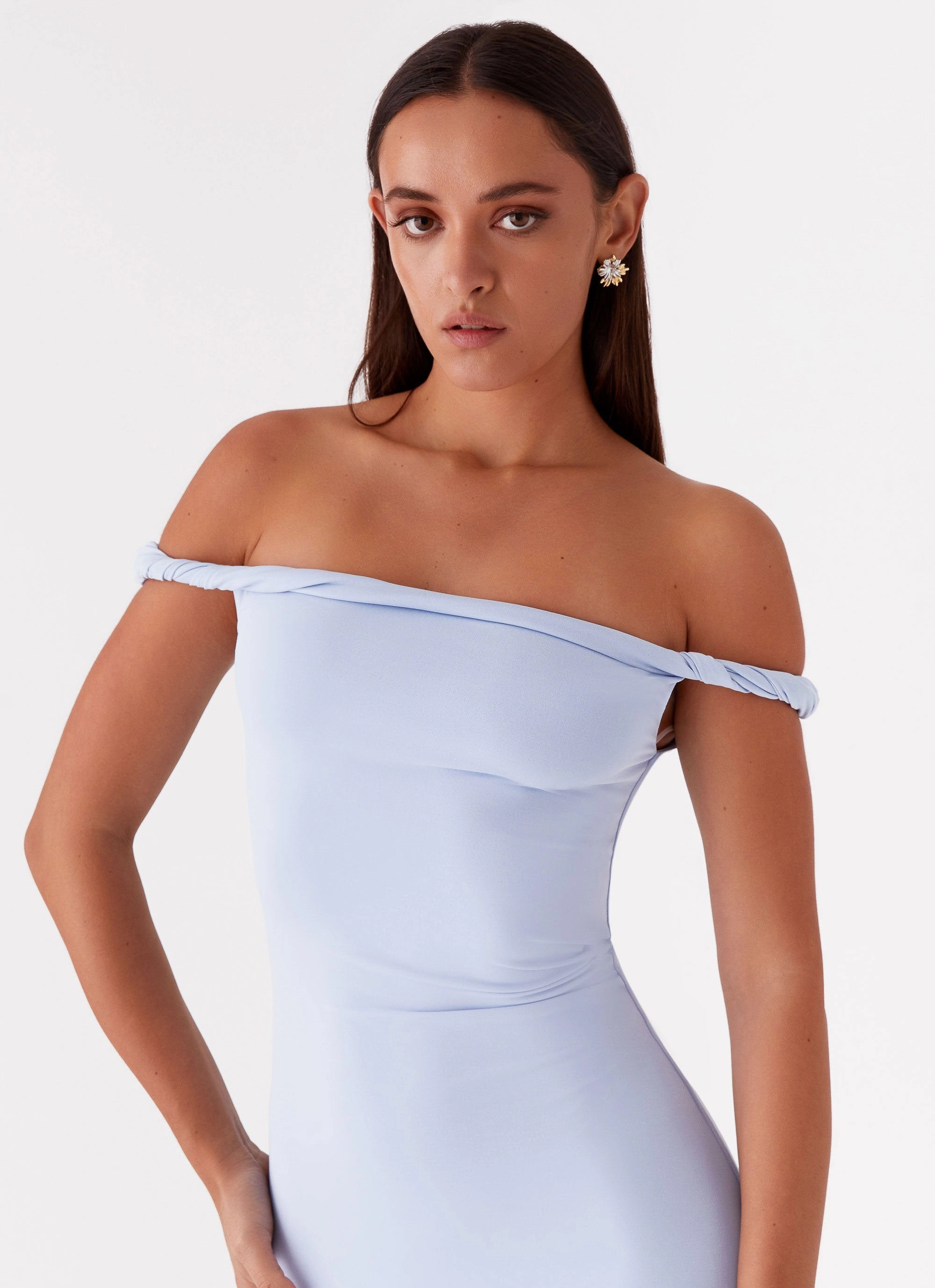 Arabella Twist Shoulder Maxi Dress - Blue Smart Lines