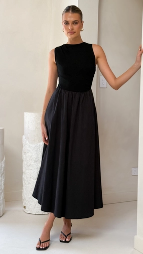 Soft Texture Aria Sleeveless Midi Dress - Black