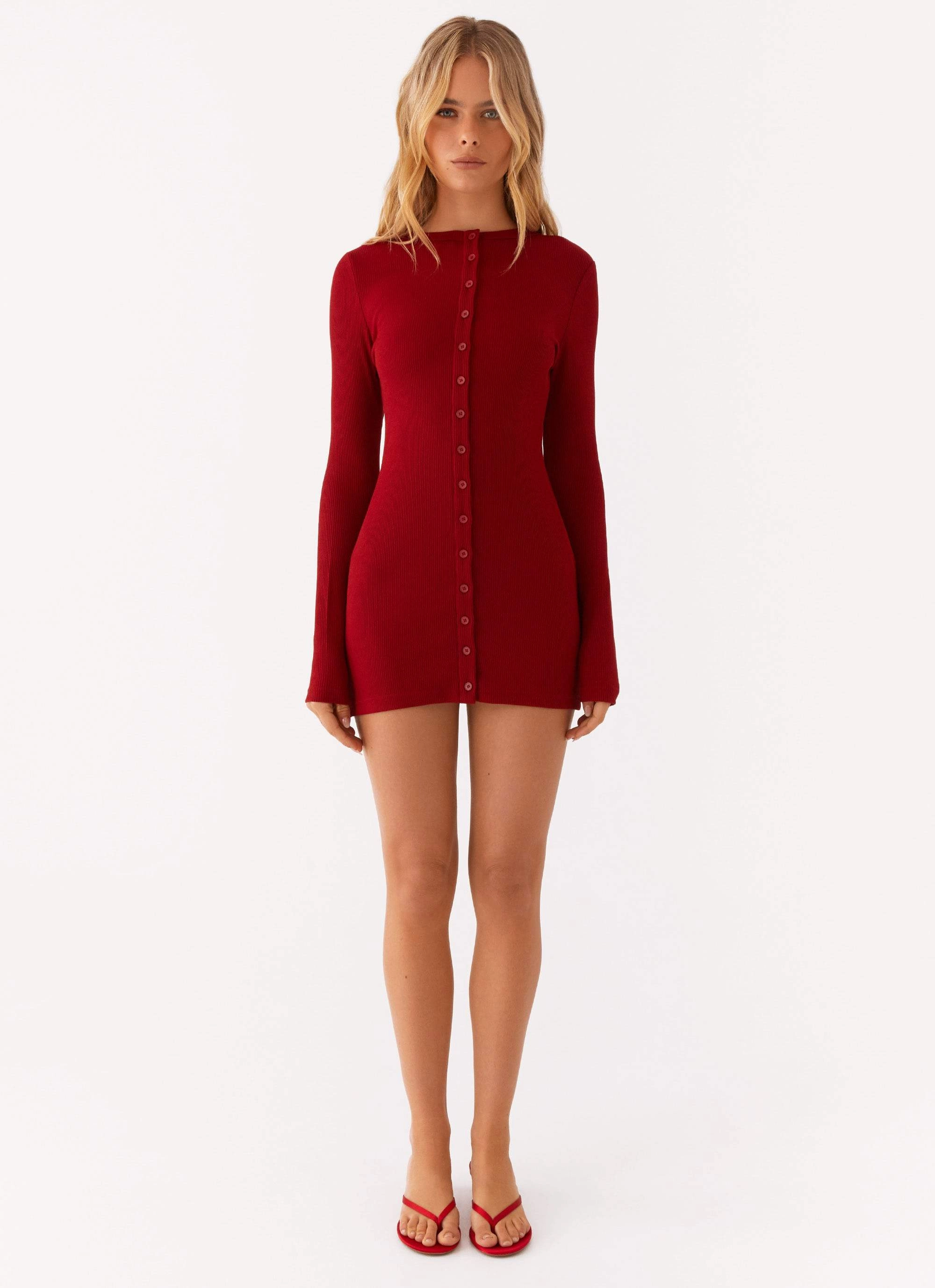 Evening Vibe Trendy And Comfortable Blair Long Sleeve Mini Dress - Red