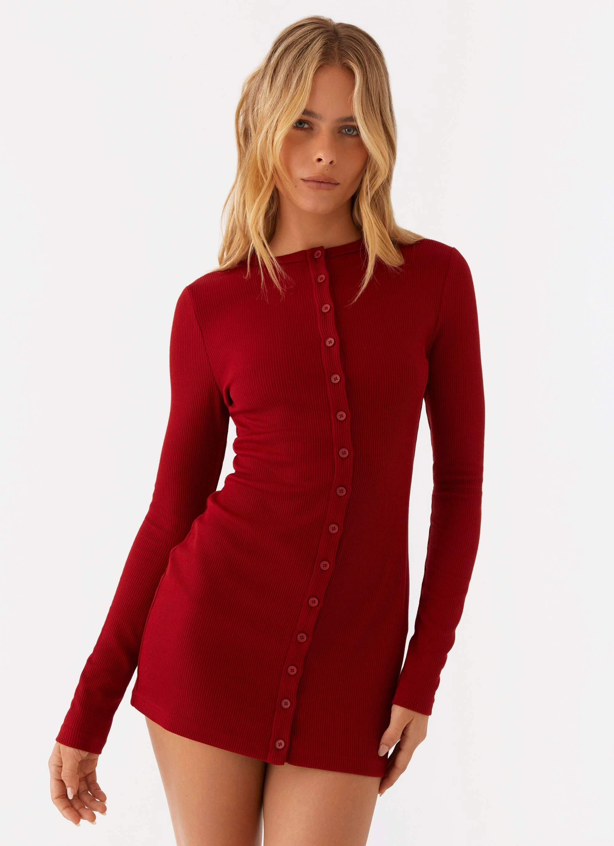 Blair Long Sleeve Mini Dress - Red Sheer Panel