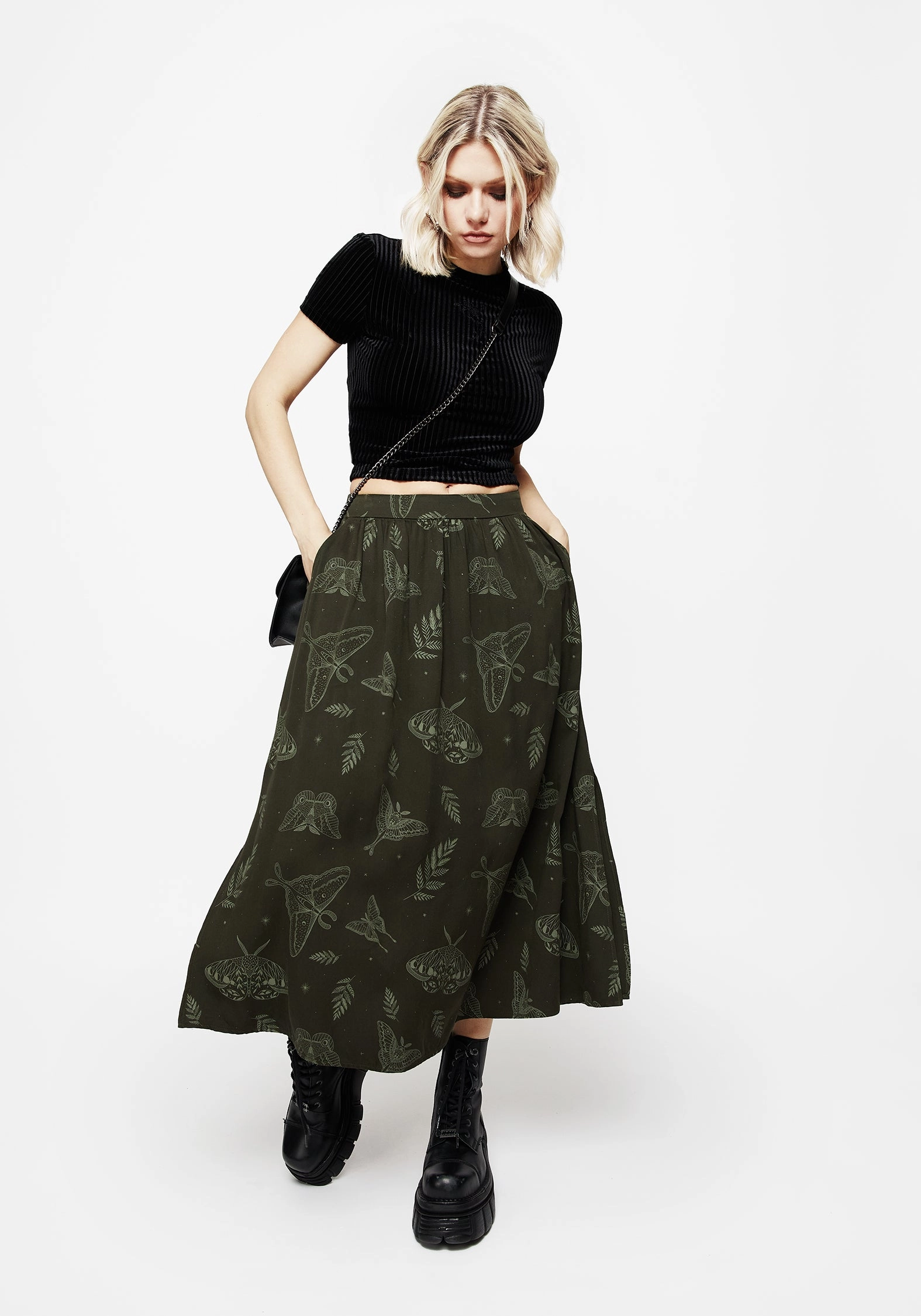 Layered Design Callopistria Moth Print Midi Skirt - Green