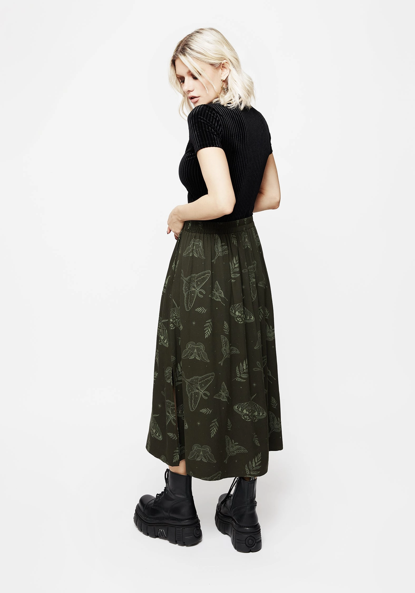 Moisture Wicking Textile Callopistria Moth Print Midi Skirt - Green