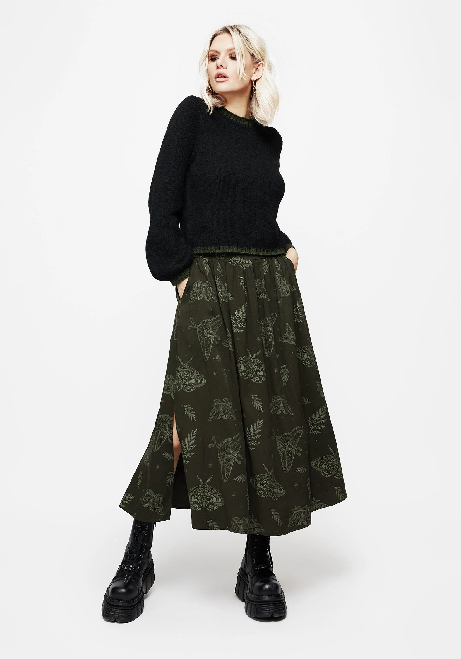 Callopistria Moth Print Midi Skirt - Green Basic Layers ribbed texture
