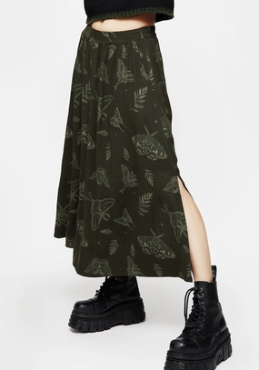 Lightweight texture Non Restrictive Fit Callopistria Moth Print Midi Skirt - Green