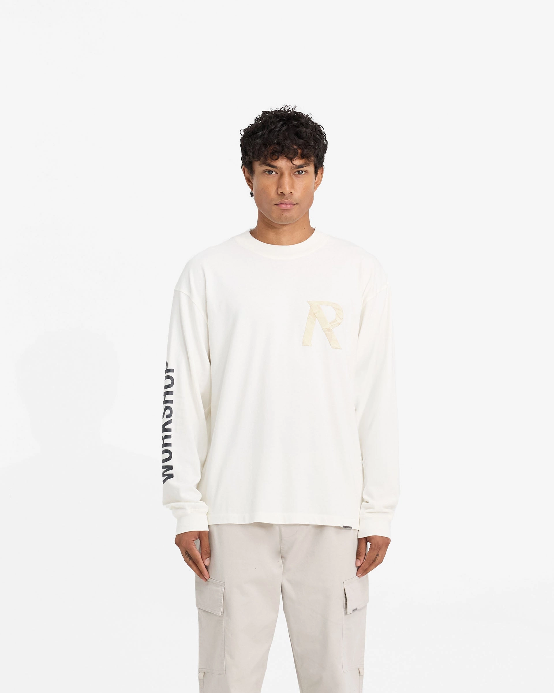 hypoallergenic Masking Tape Initial Long Sleeve T-Shirt - Flat White