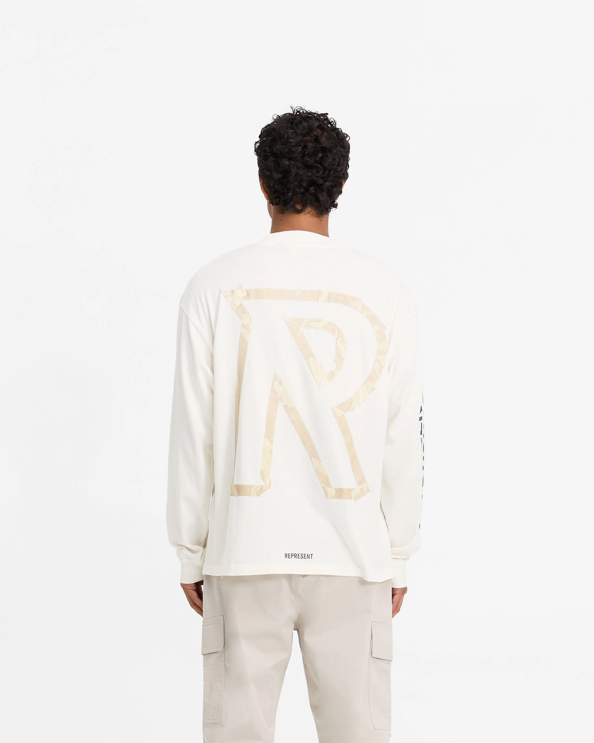 Timeless Layering Non Iron Fabric Masking Tape Initial Long Sleeve T-Shirt - Flat White
