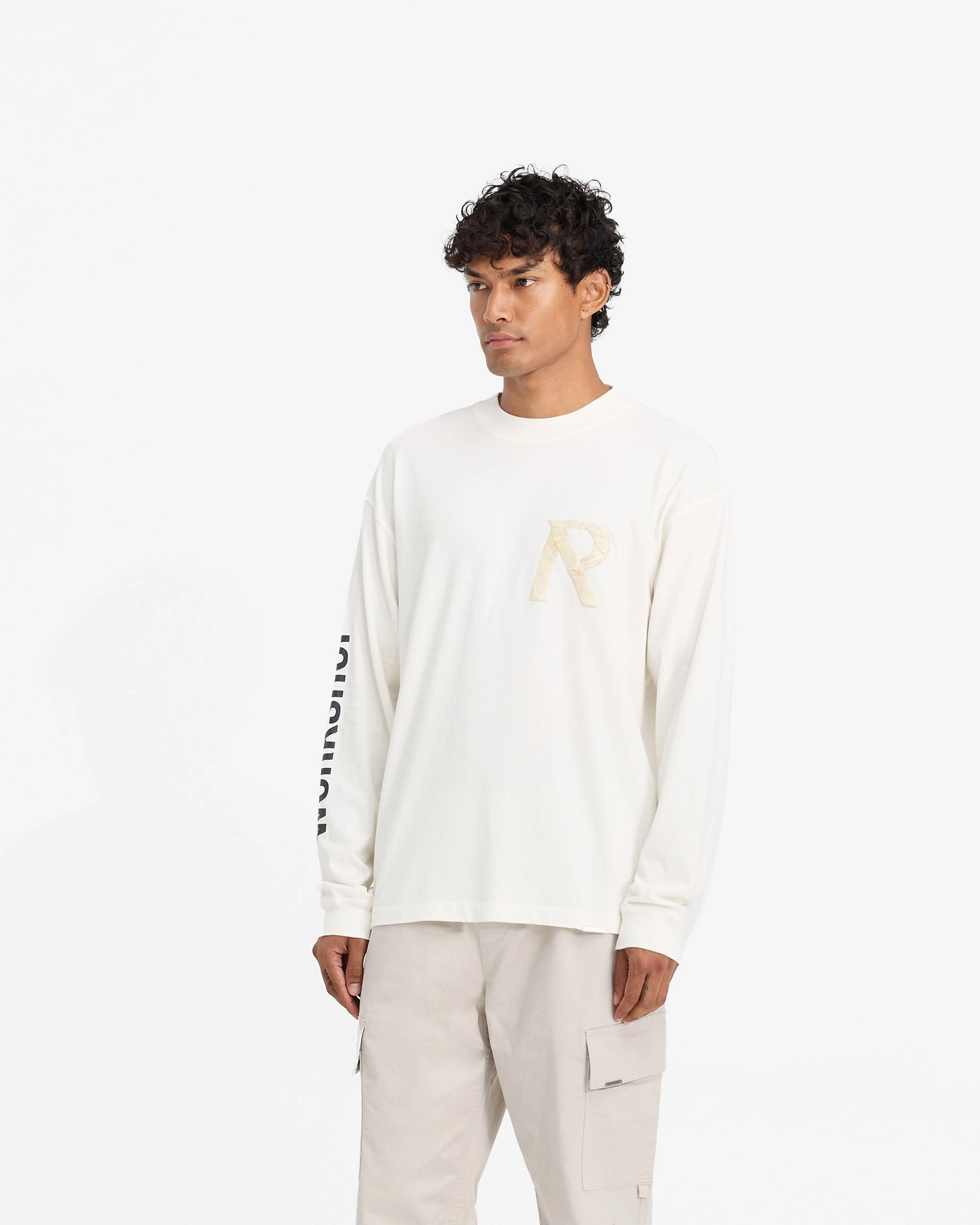 Fit for Any Season Breathable Layer Fit Masking Tape Initial Long Sleeve T-Shirt - Flat White