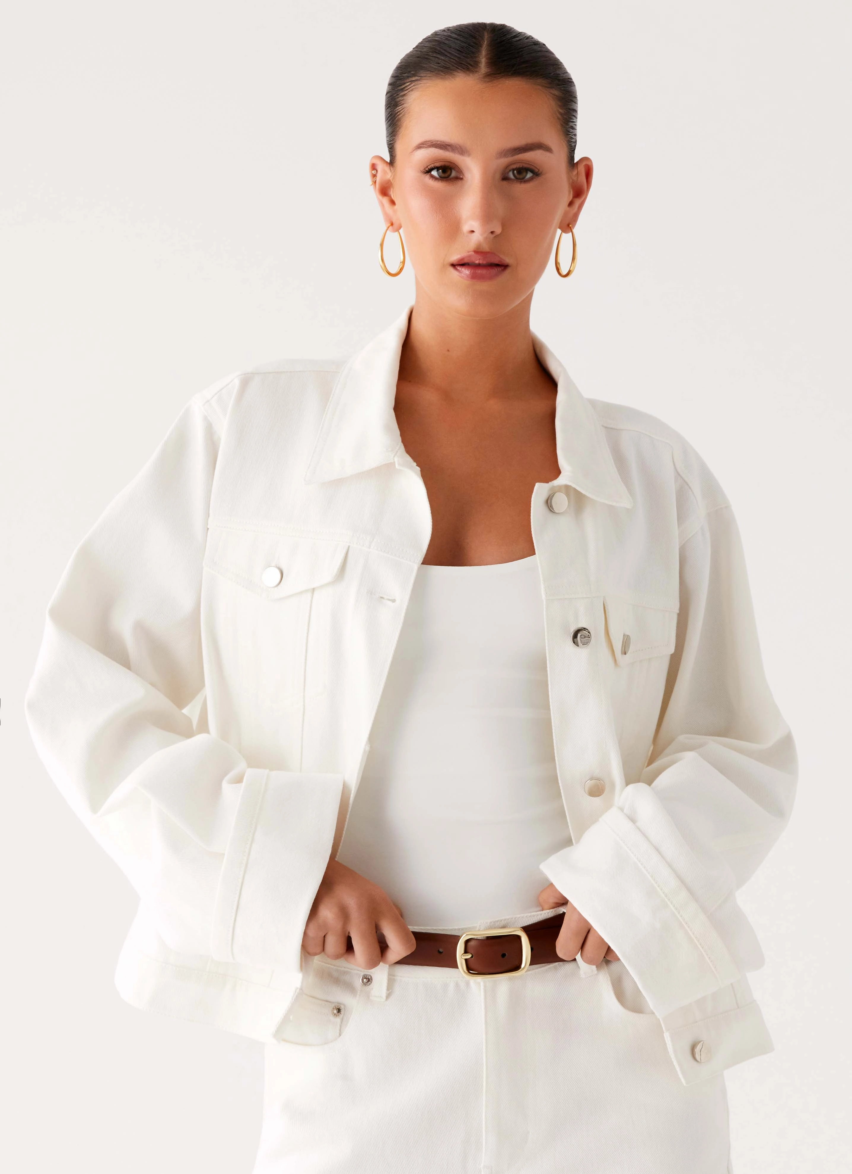 Back Again Oversized Denim Jacket - White Zipper Closure Mechanism
