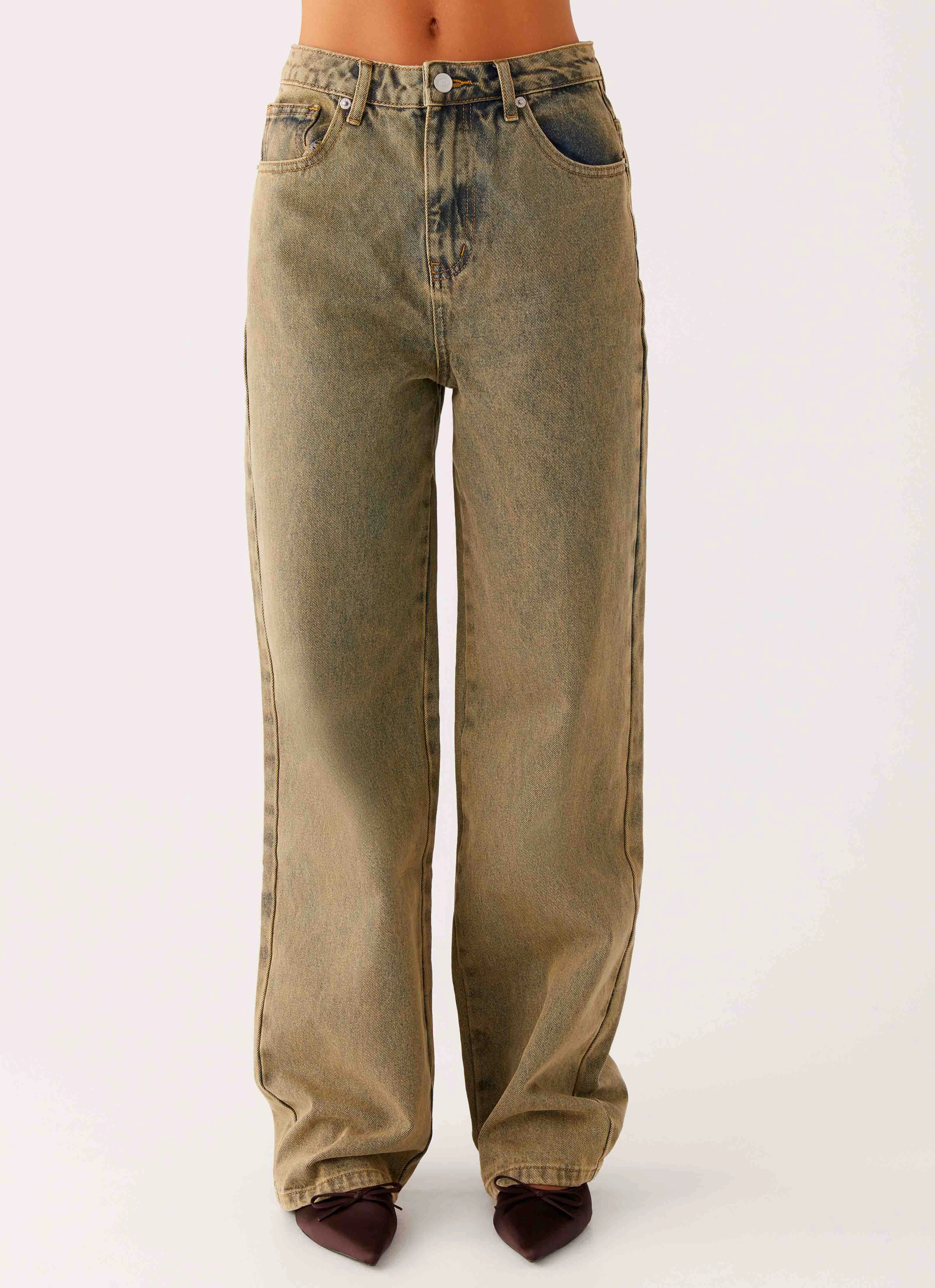 Back Again Straight Leg Denim Jeans - Brown Sand Wash No Gap Waist Engineering Body Friendly