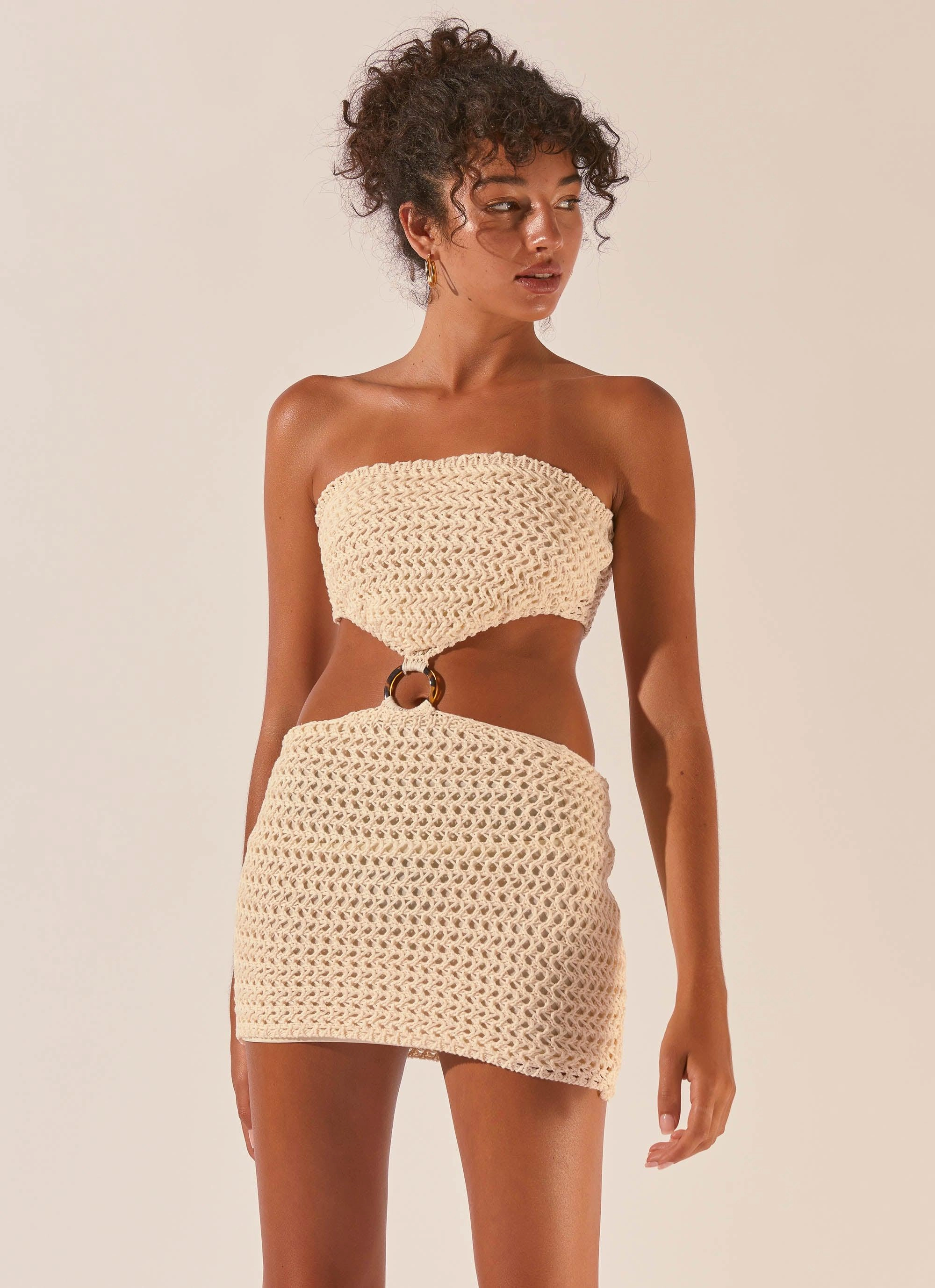 Love Blend Balmy Nights Crochet Mini Dress - Seashell