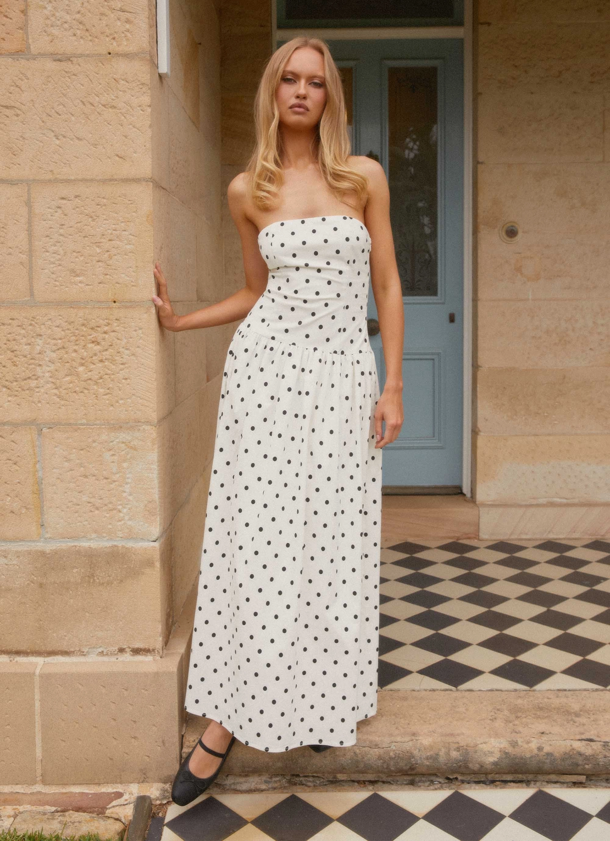 Square-Neck Earth-Tone Andorra Maxi Dress - White Polkadot