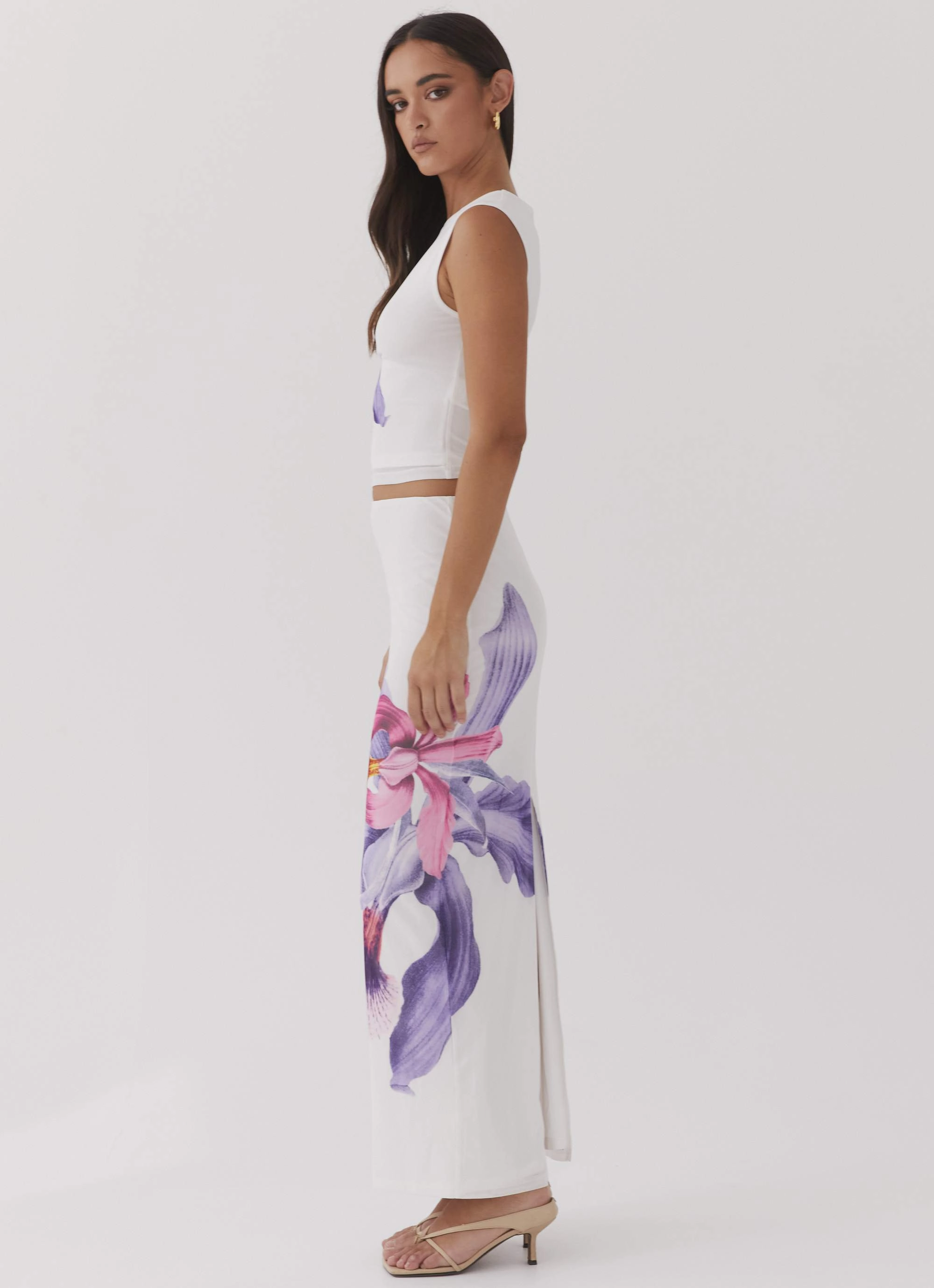 Laser Cut Edges Classic Appeal Waiting For Dawn Mesh Maxi Skirt - White