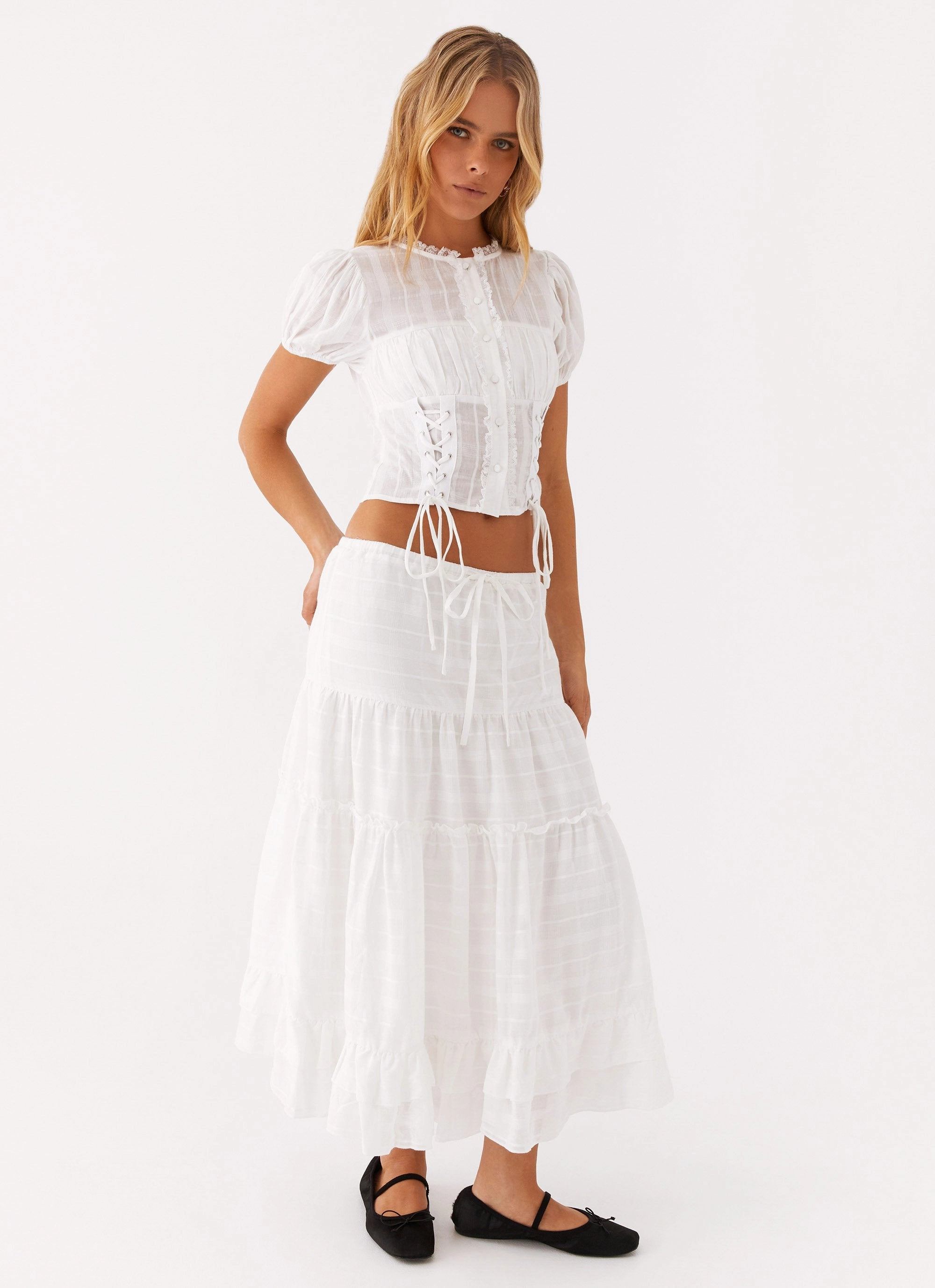 Beatrix Frill Midi Skirt - White Layered Hem Water resistant coating