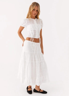 Beatrix Frill Midi Skirt - White Layered Hem Water resistant coating