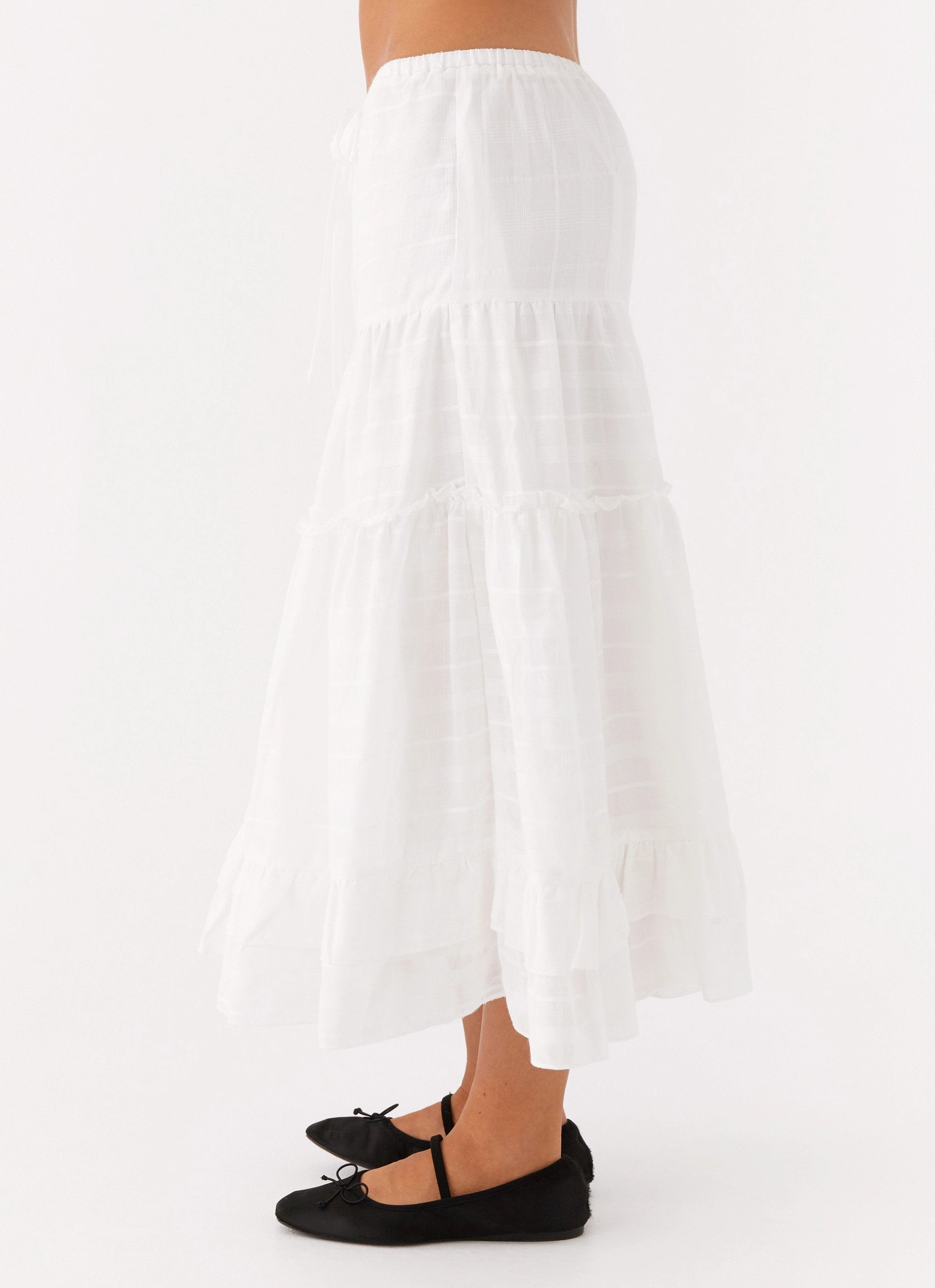 Beatrix Frill Midi Skirt - White Flared hem Classic Mood
