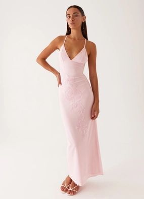 Beki Beaded Mesh Maxi Dress - Pink Work Comfort Flattering Waist Design
