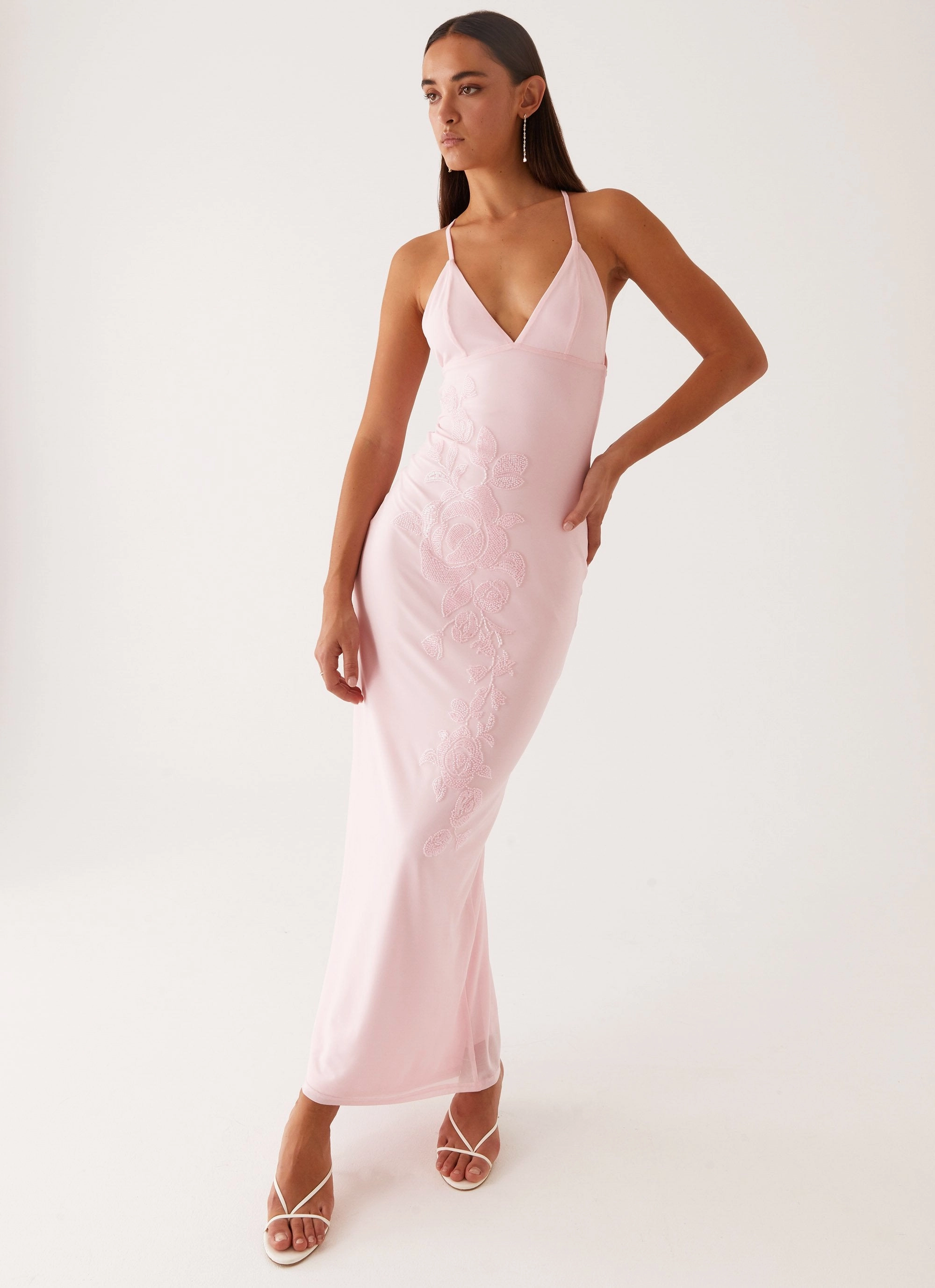 Beki Beaded Mesh Maxi Dress - Pink Color-Blocked