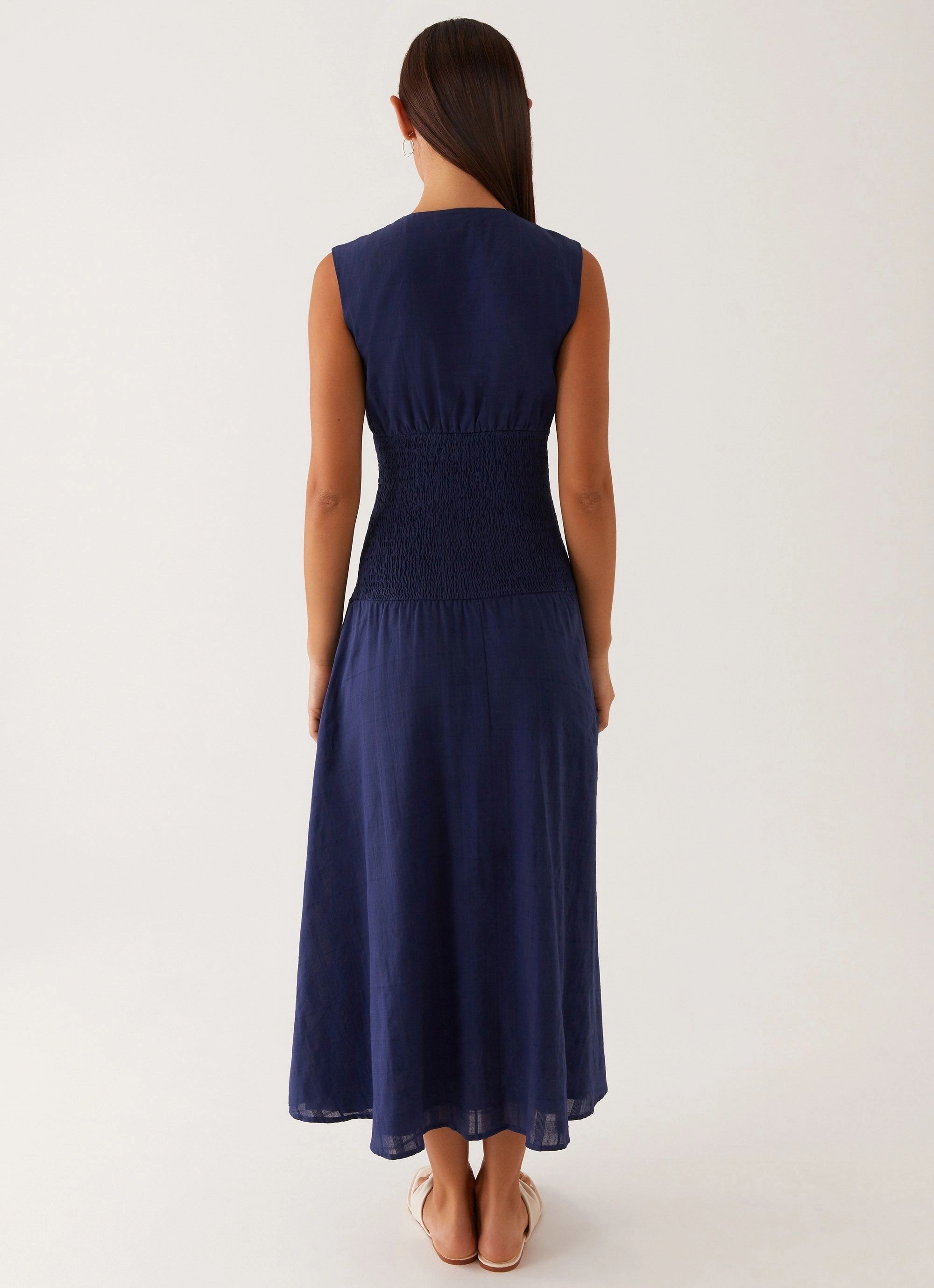 Belle Shirred Waist Midi Dress - Navy Smart and Stylish