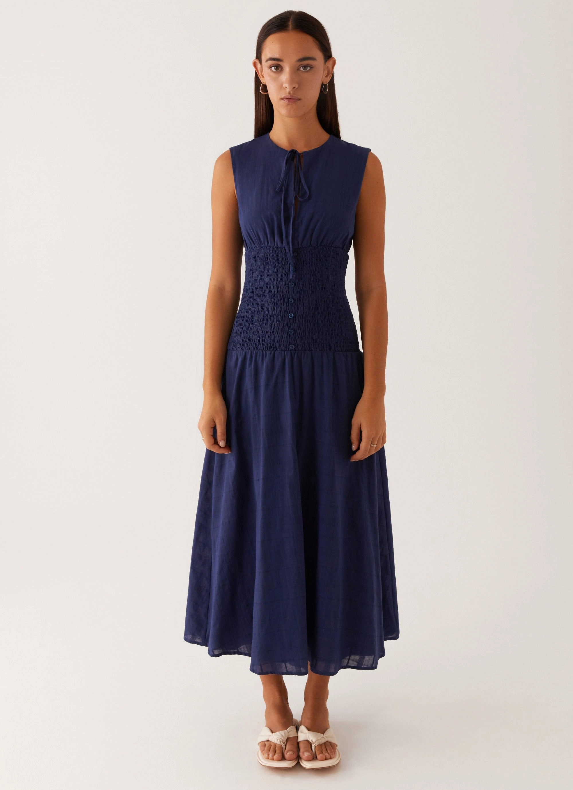 Timeless Waistband Fit Chill Moment Belle Shirred Waist Midi Dress - Navy