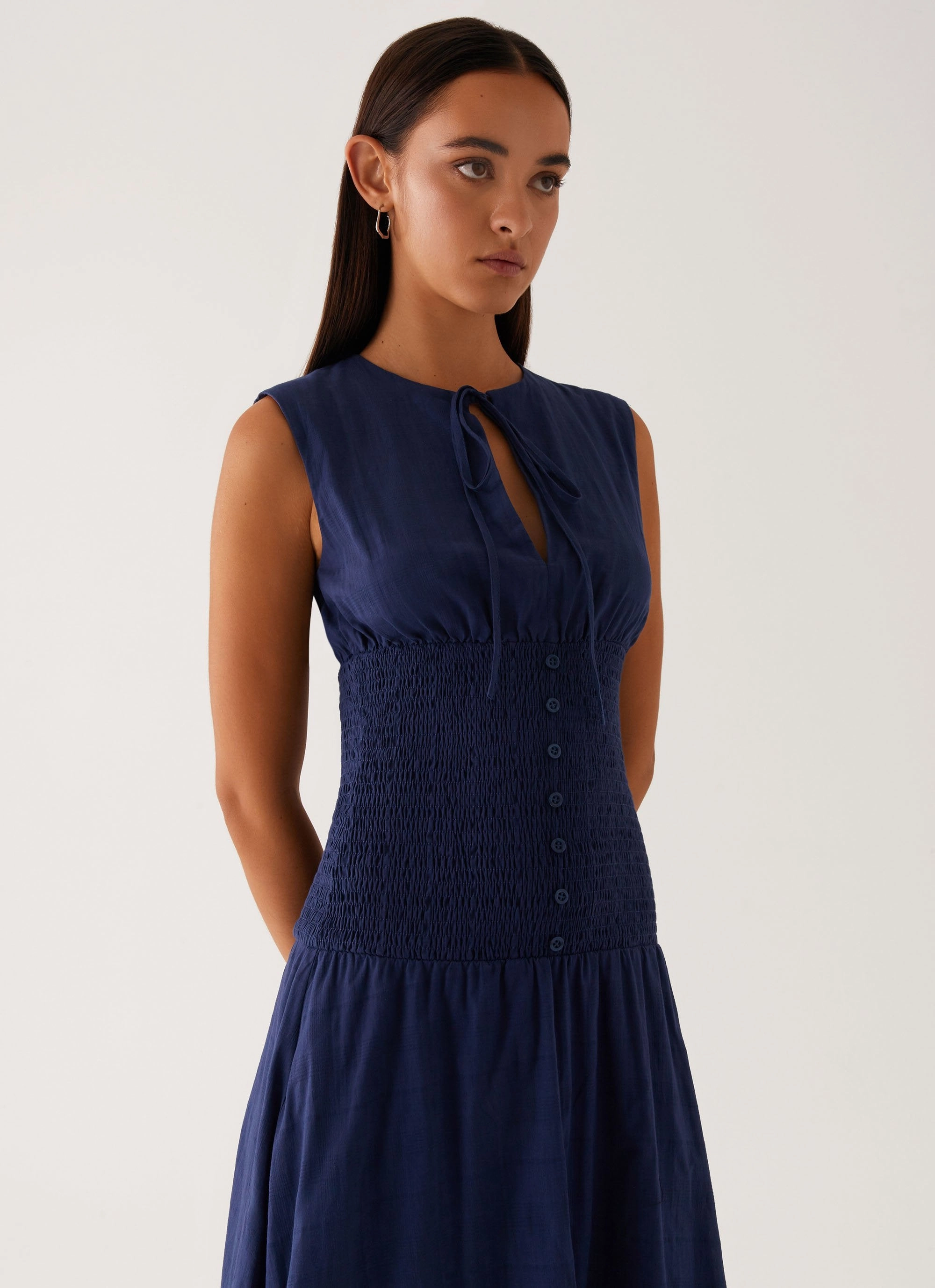 Layer Ready Night Party Belle Shirred Waist Midi Dress - Navy
