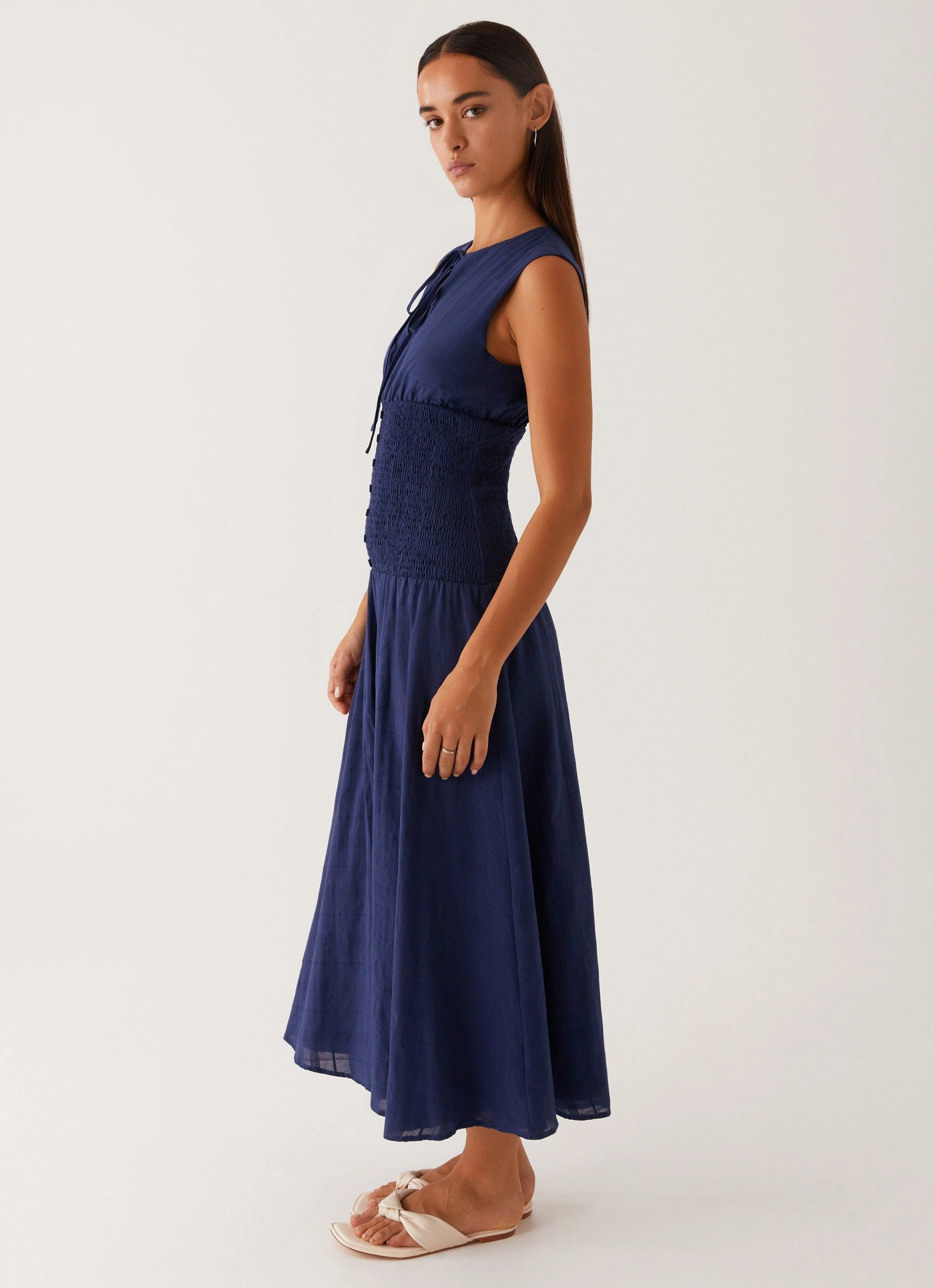 London Cool Layer Light Belle Shirred Waist Midi Dress - Navy