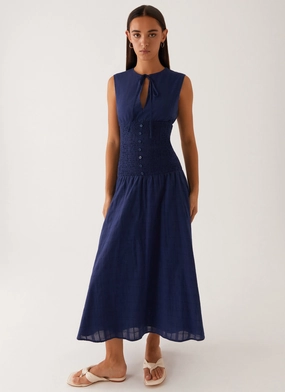 Timeless Look Belle Shirred Waist Midi Dress - Navy