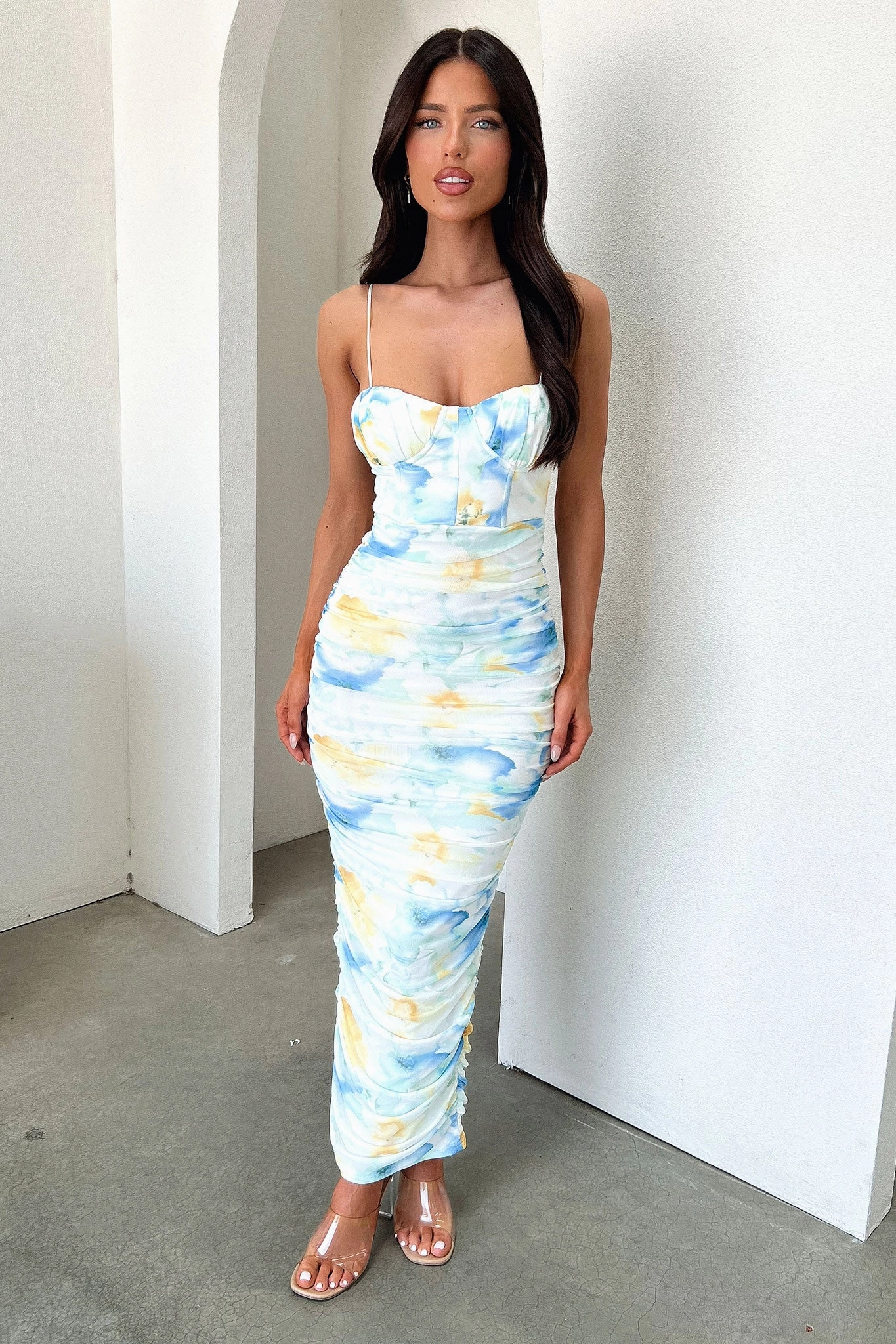 Polished Form Subtle Stitch Alberta Maxi Dress - Blue/Yellow Floral