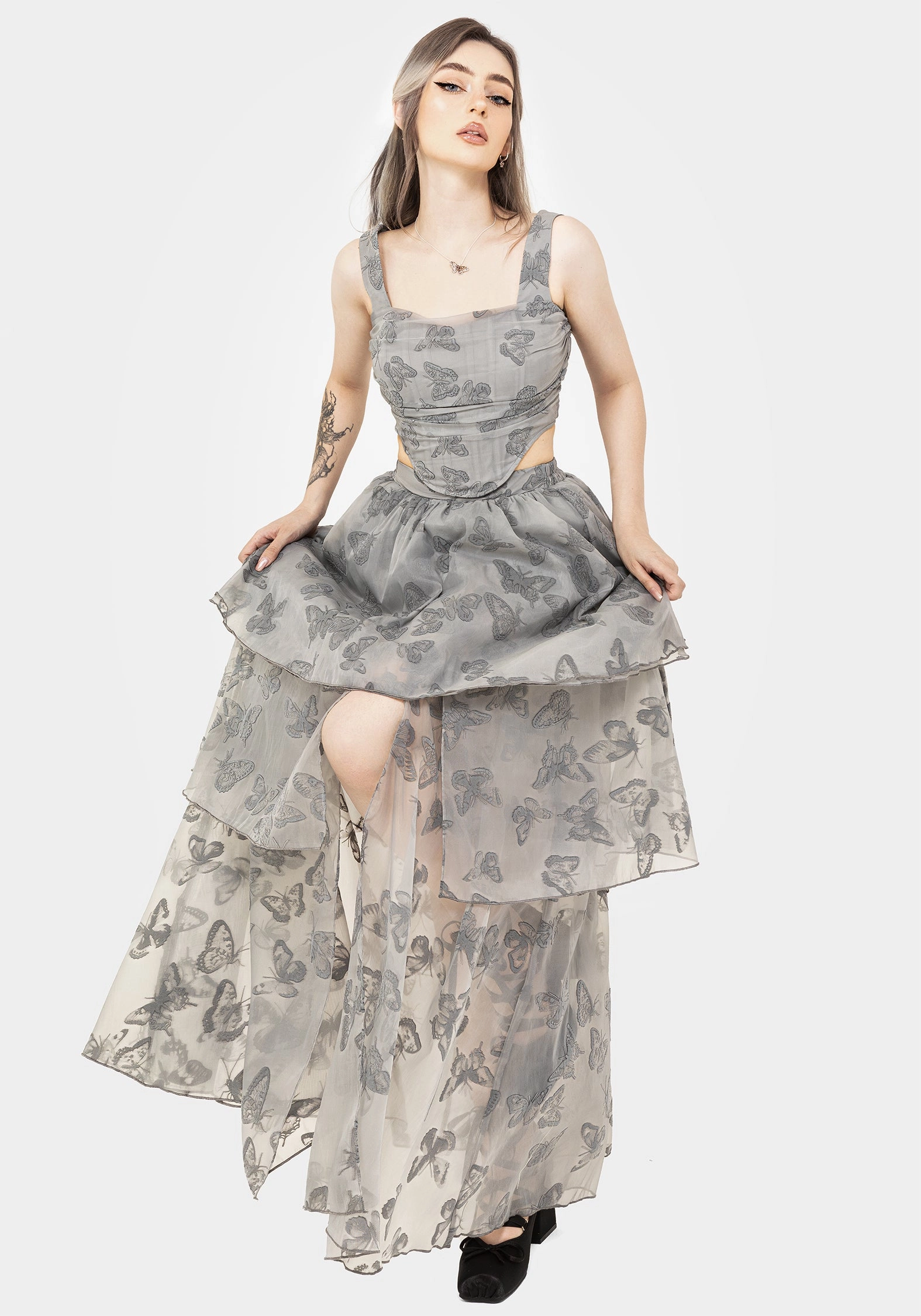 Vanessa Butterfly Print Organza Front Split Tiered Maxi Skirt Laidback Style Matching Belt