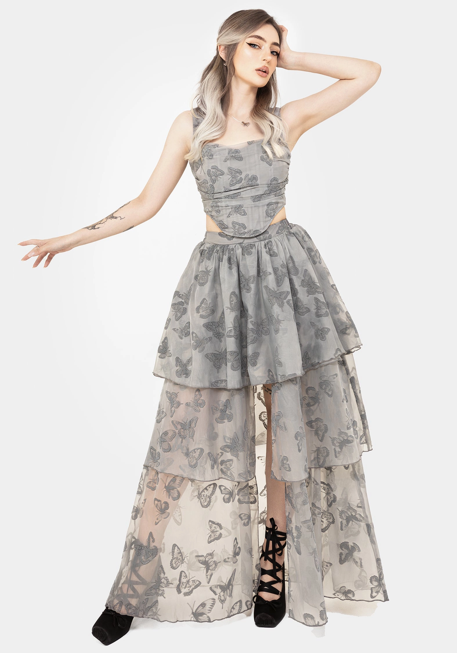 Vanessa Butterfly Print Organza Front Split Tiered Maxi Skirt Simple Layer