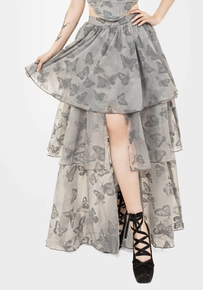 Matte Finish Sheer Overlay Vanessa Butterfly Print Organza Front Split Tiered Maxi Skirt
