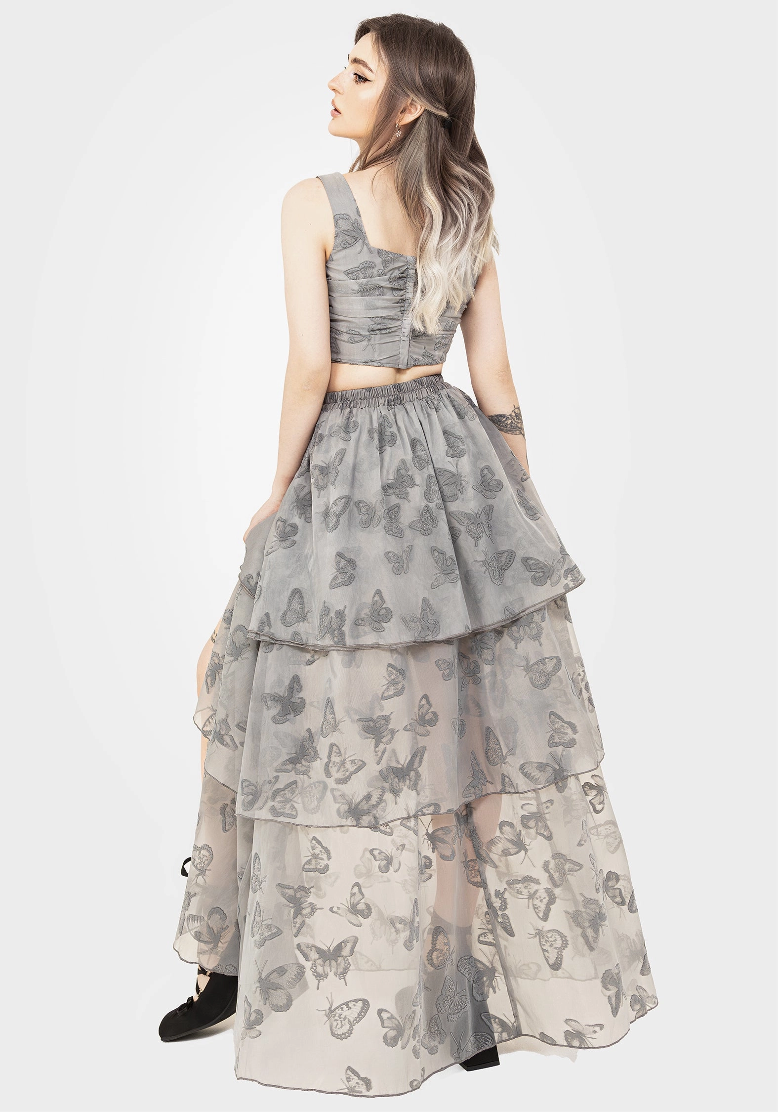 All Day Fit Vanessa Butterfly Print Organza Front Split Tiered Maxi Skirt