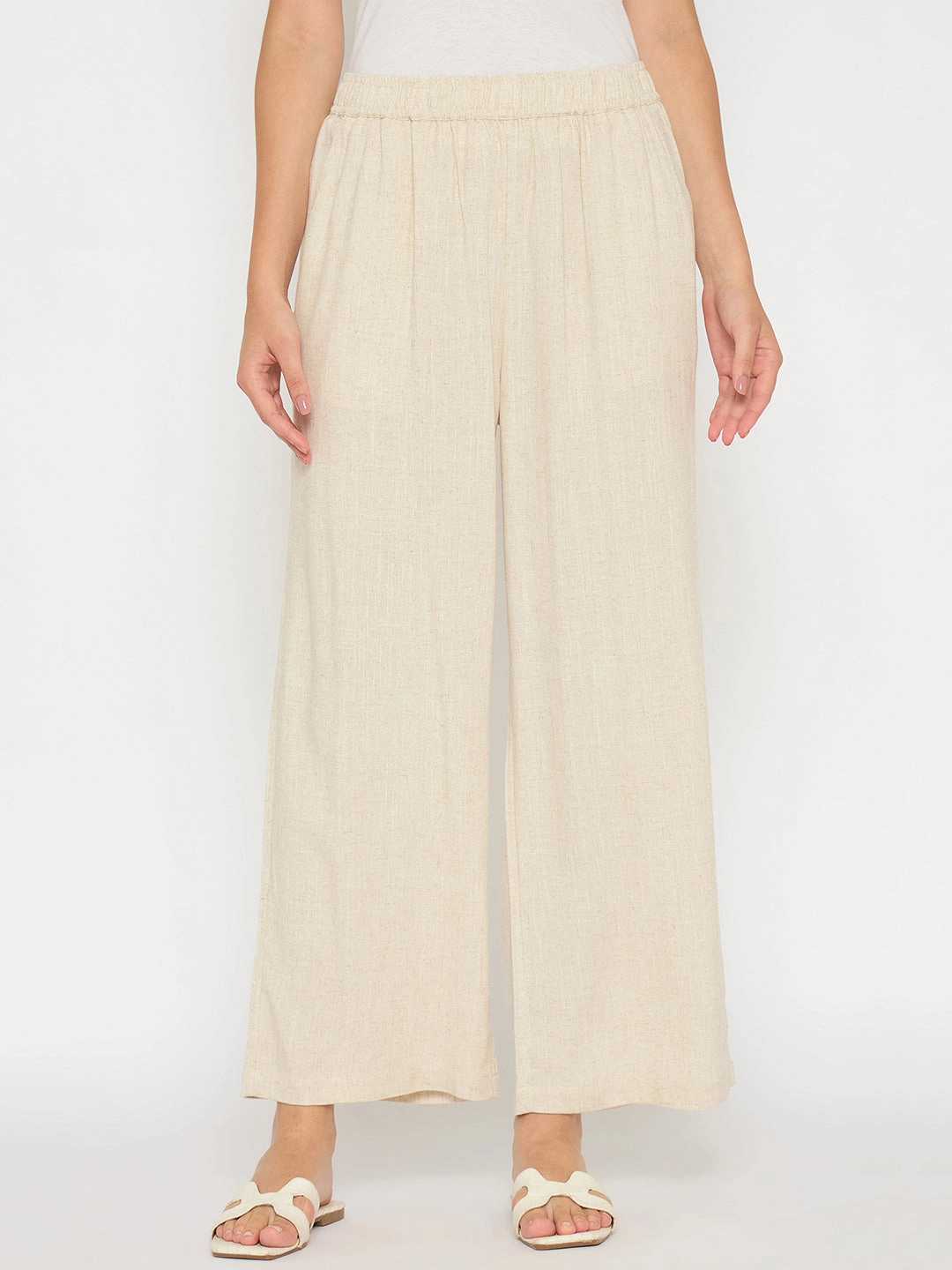 Crisp Design Madame Straight Fit Solid Beige Rayon Blend Trousers