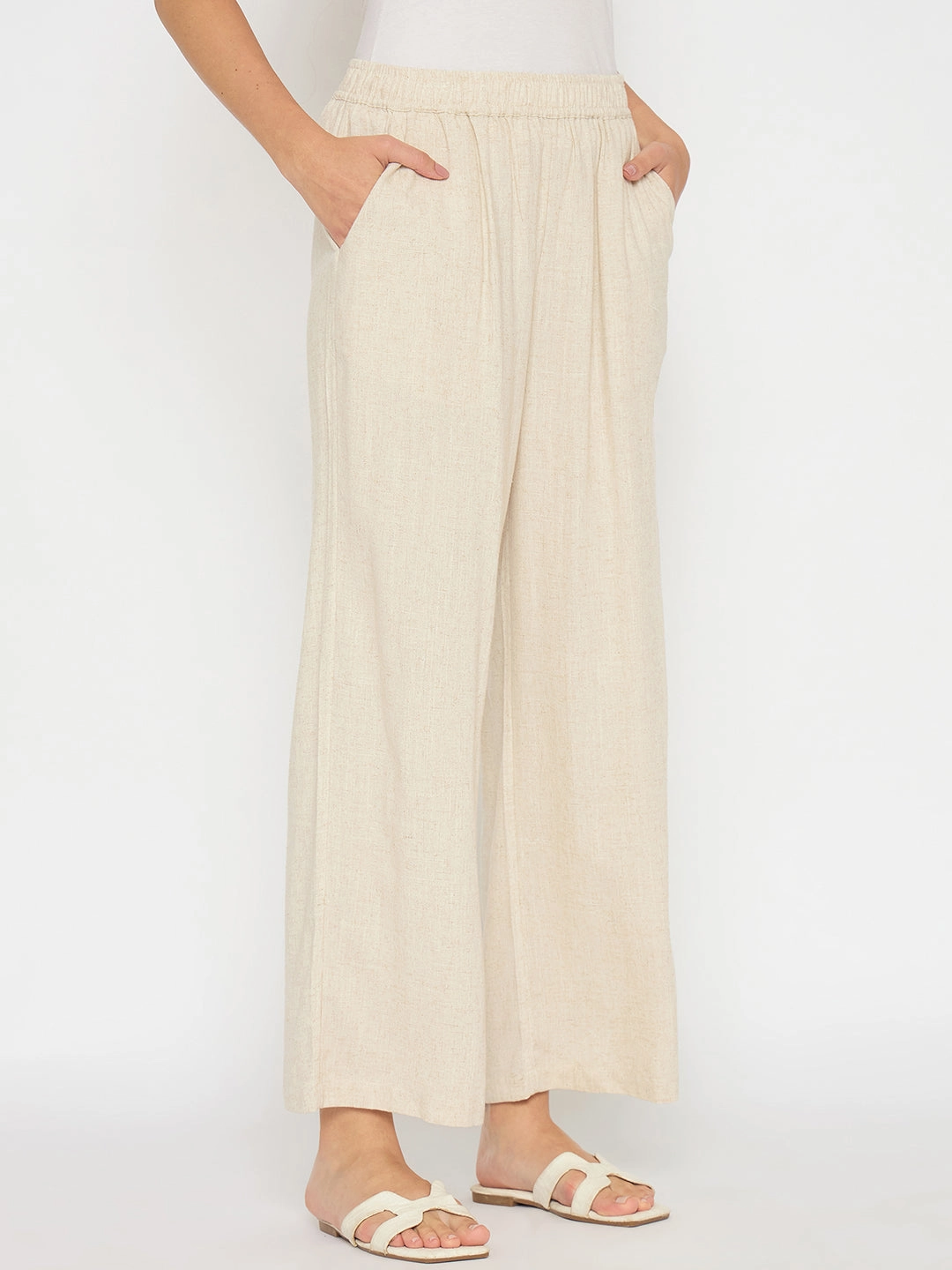 Comfy Vibes Athletic Flex Wear Madame Straight Fit Solid Beige Rayon Blend Trousers