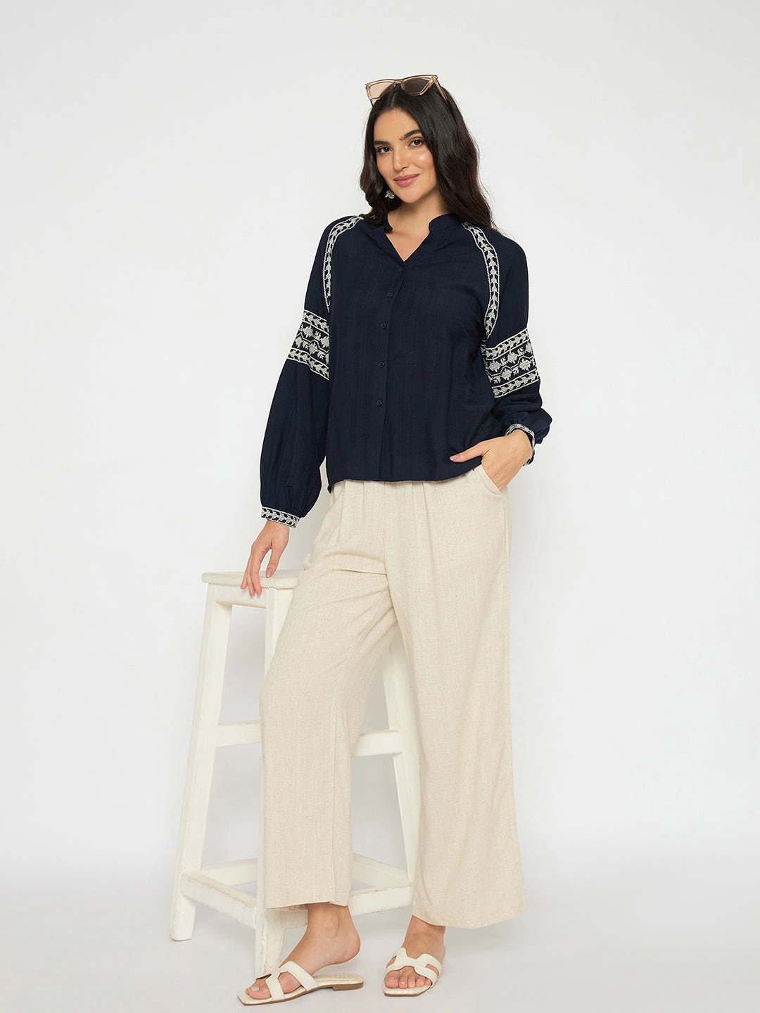 Madame Straight Fit Solid Beige Rayon Blend Trousers Anti Pilling Surface Casual Comfort Fit