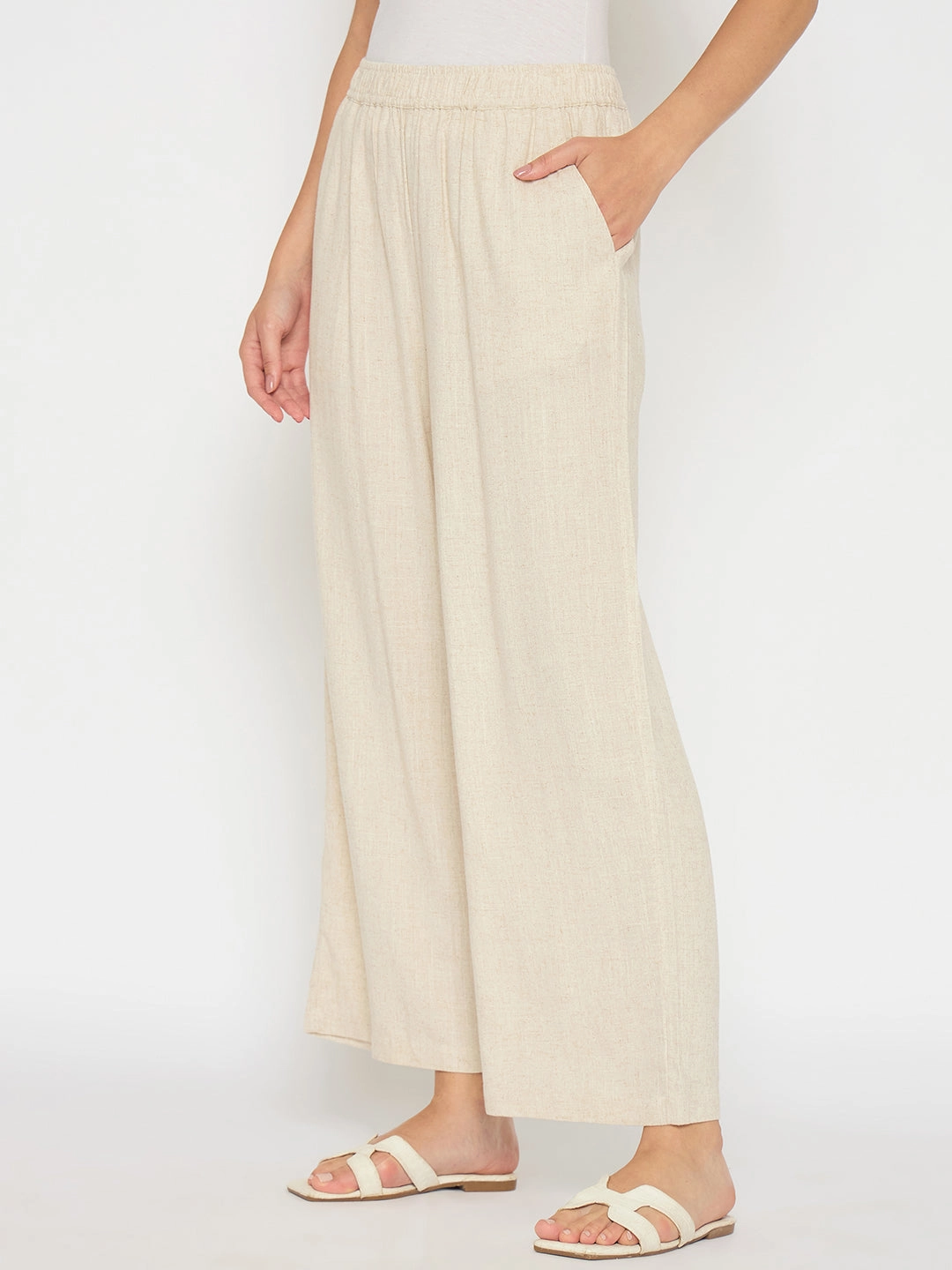 Madame Straight Fit Solid Beige Rayon Blend Trousers Relaxed Waist