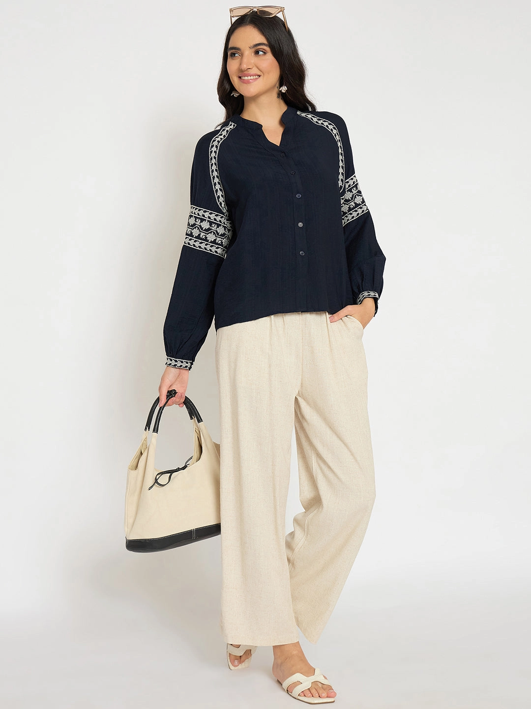 Odor control Madame Straight Fit Solid Beige Rayon Blend Trousers
