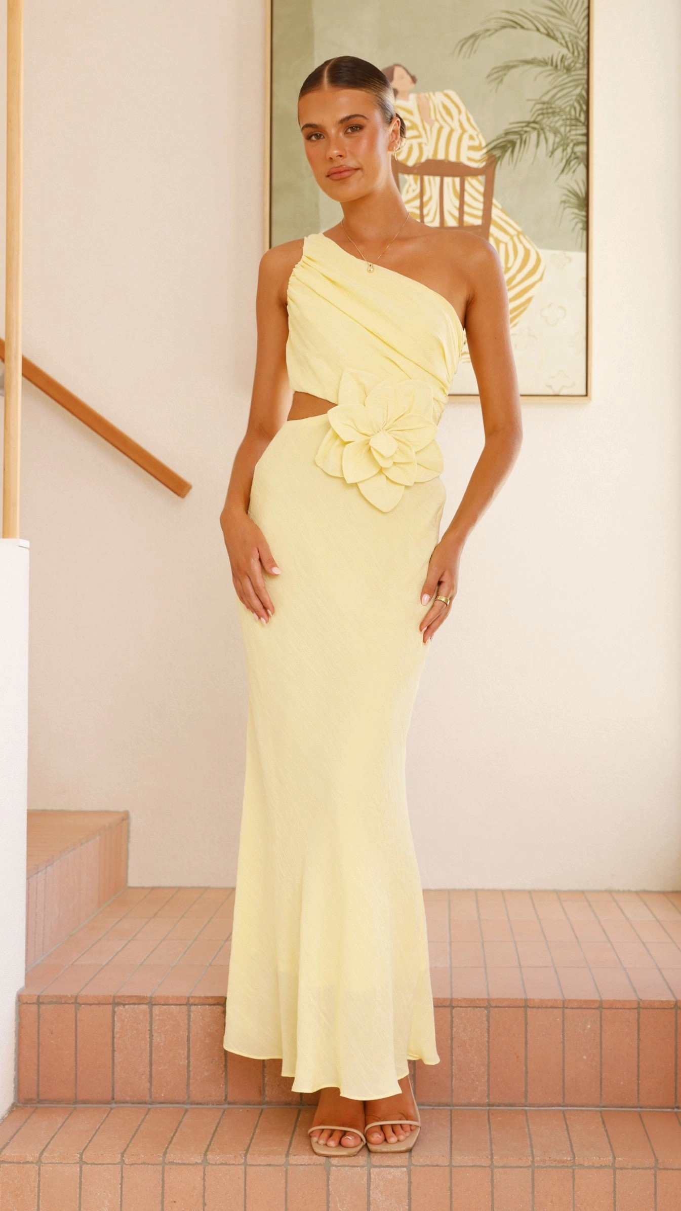 Bloom One Shoulder Cut Out Maxi Dress - Yellow Timeless Style
