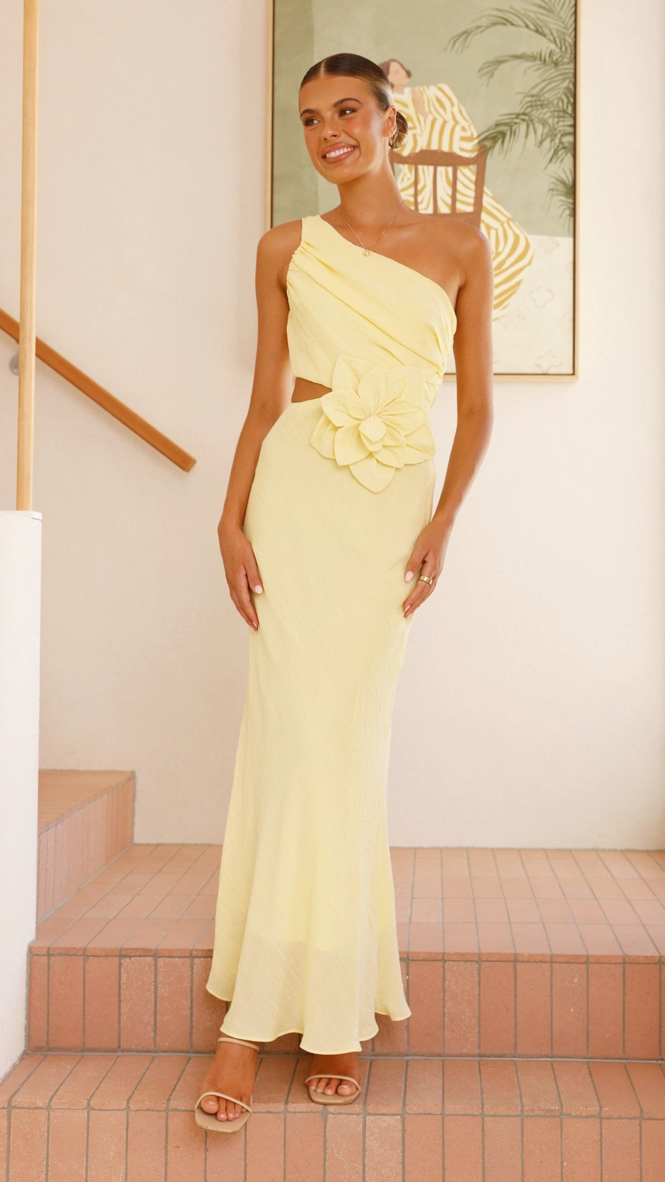 Bloom One Shoulder Cut Out Maxi Dress - Yellow Sleek Feel Edge Shape
