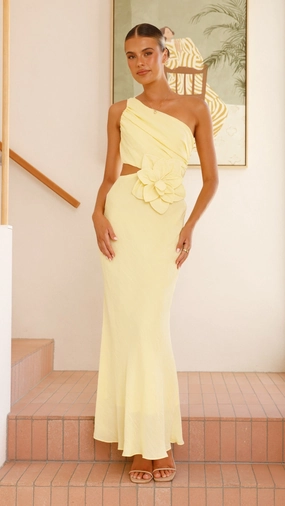 Bloom One Shoulder Cut Out Maxi Dress - Yellow Timeless Style