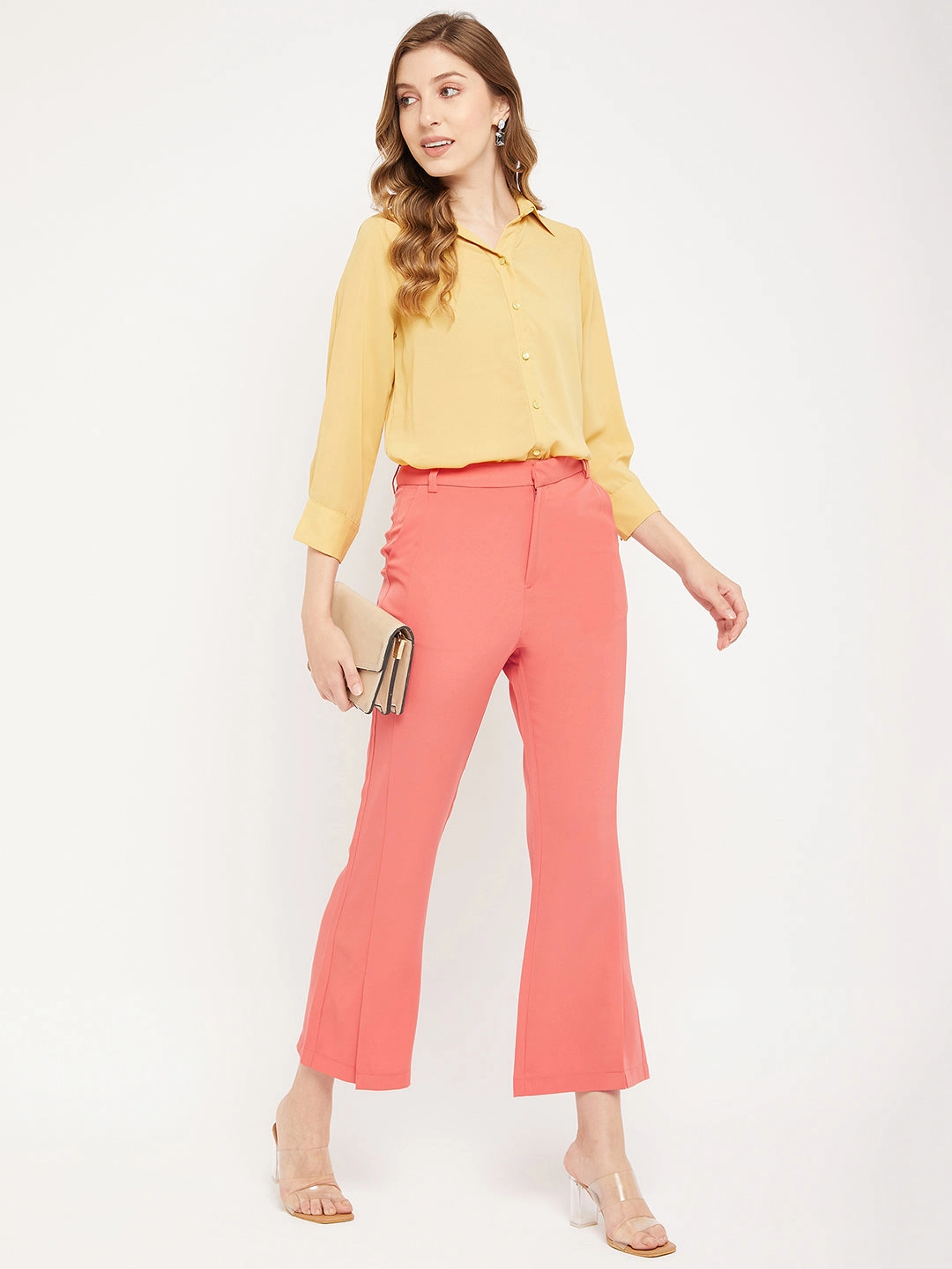 Madame Solid Coral Bootcut Trousers Modern Design