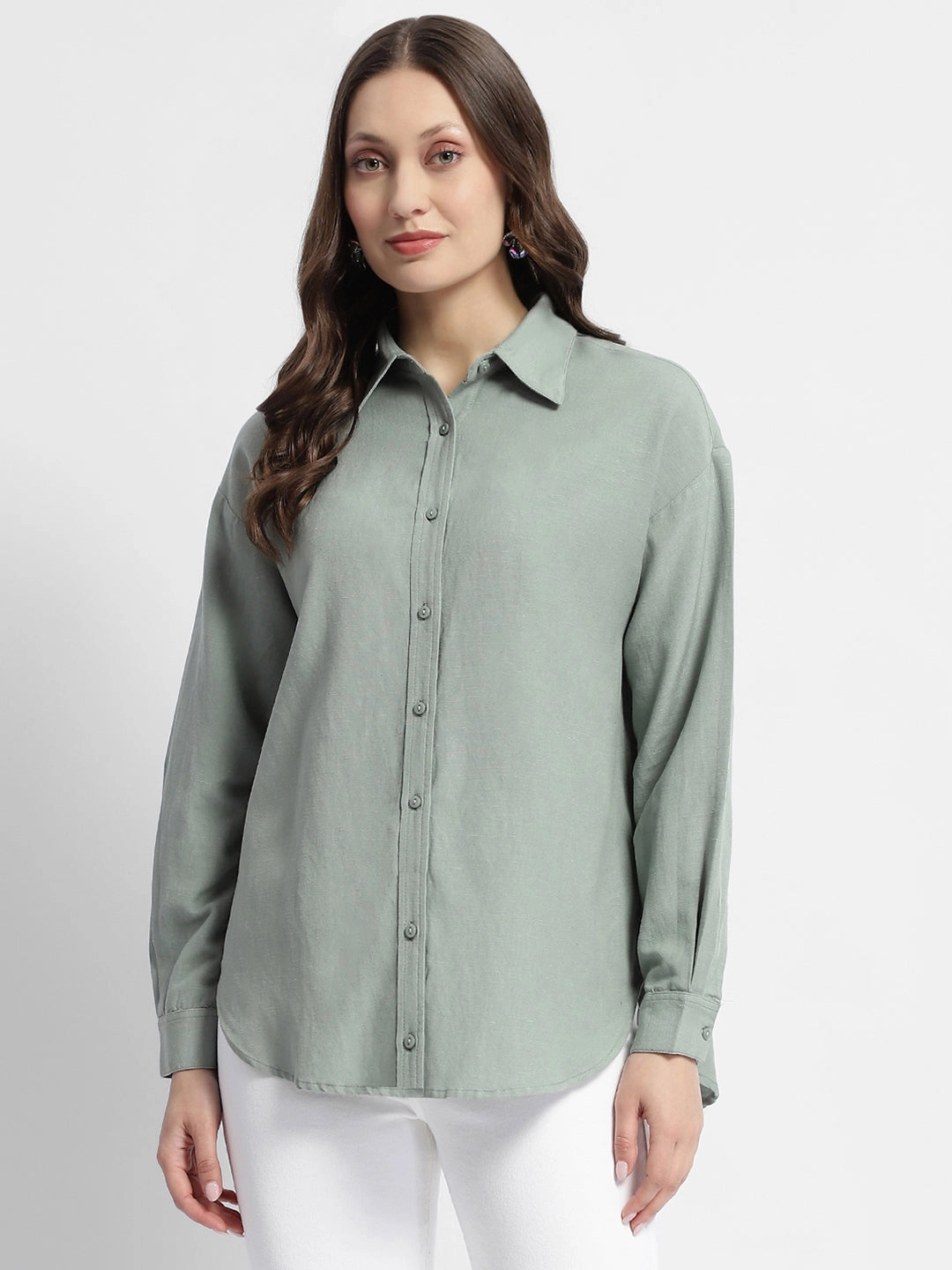 Madame Dusty Green Regular Full Sleeve Shirt Modern Look Seamless Side Panels