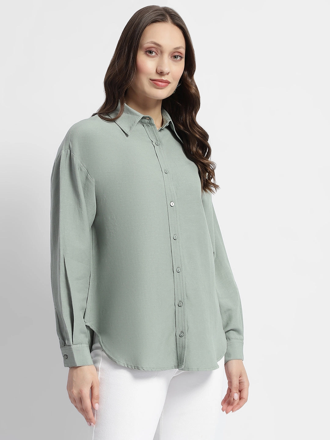 Madame Dusty Green Regular Full Sleeve Shirt Micro Perforated Texture Camouflage Style